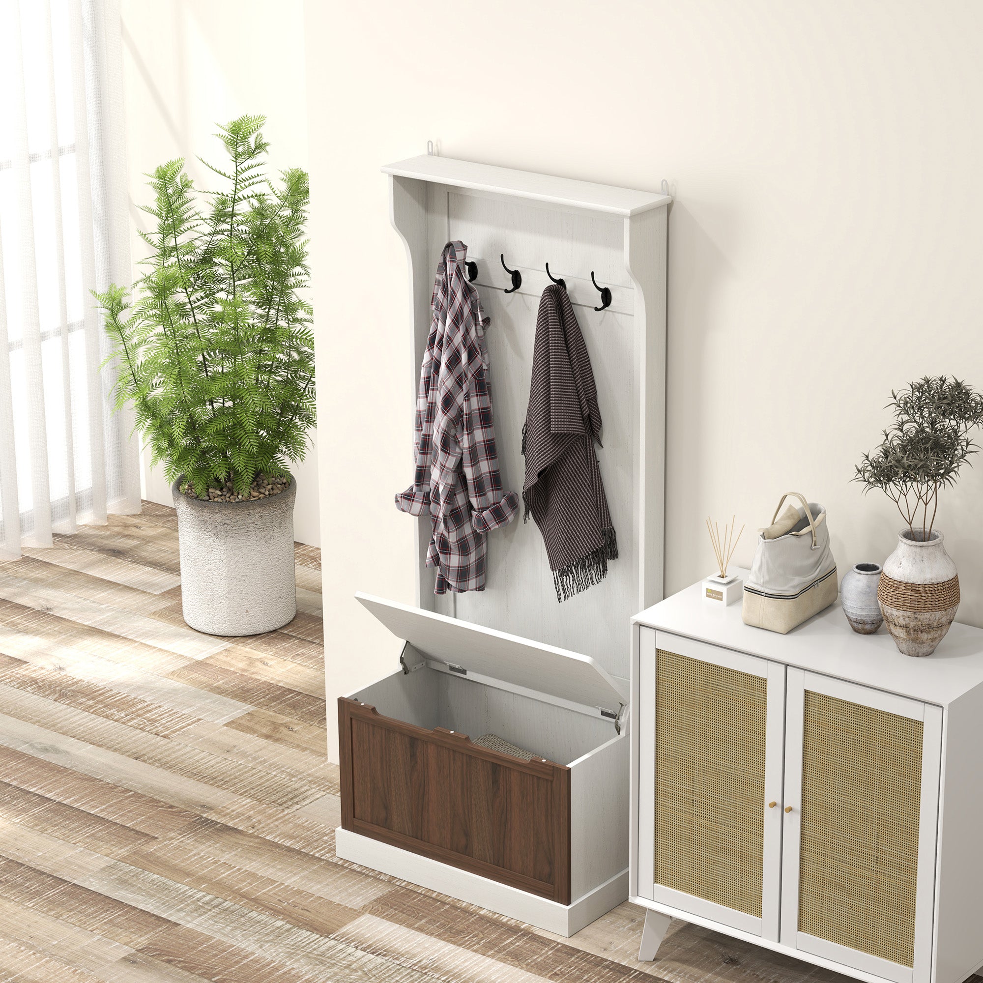 3 in 1 Entryway Coat Rack with Shoe Storage Bench, Space-Saving Floor Coat Rack with 4 Hooks and Storage Bench, in MDF, for Hallway, Bedroom, 71.5x39.5x170 cm, White and Brown