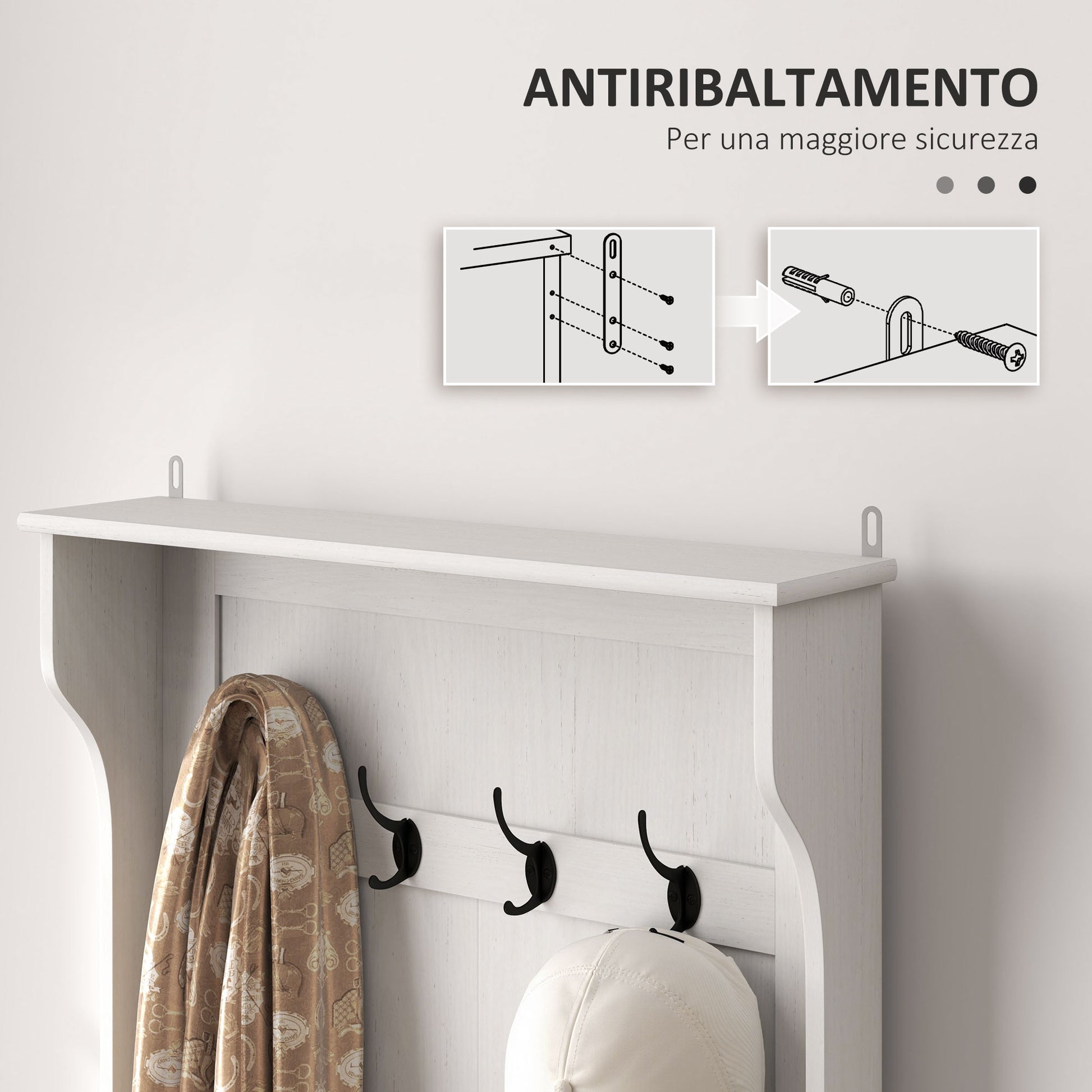 3 in 1 Entryway Coat Rack with Shoe Storage Bench, Space-Saving Floor Coat Rack with 4 Hooks and Storage Bench, in MDF, for Hallway, Bedroom, 71.5x39.5x170 cm, White and Brown