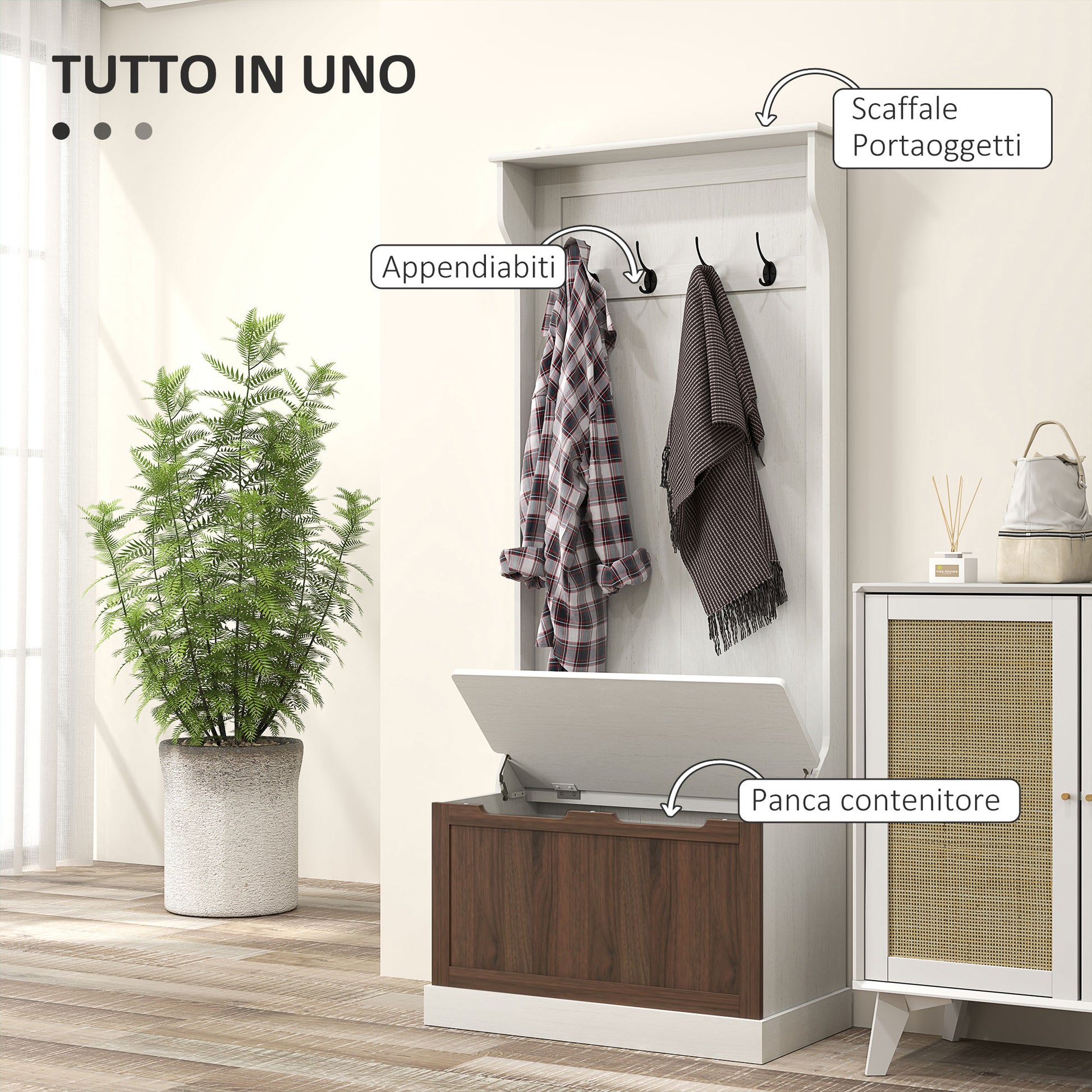 3 in 1 Entryway Coat Rack with Shoe Storage Bench, Space-Saving Floor Coat Rack with 4 Hooks and Storage Bench, in MDF, for Hallway, Bedroom, 71.5x39.5x170 cm, White and Brown
