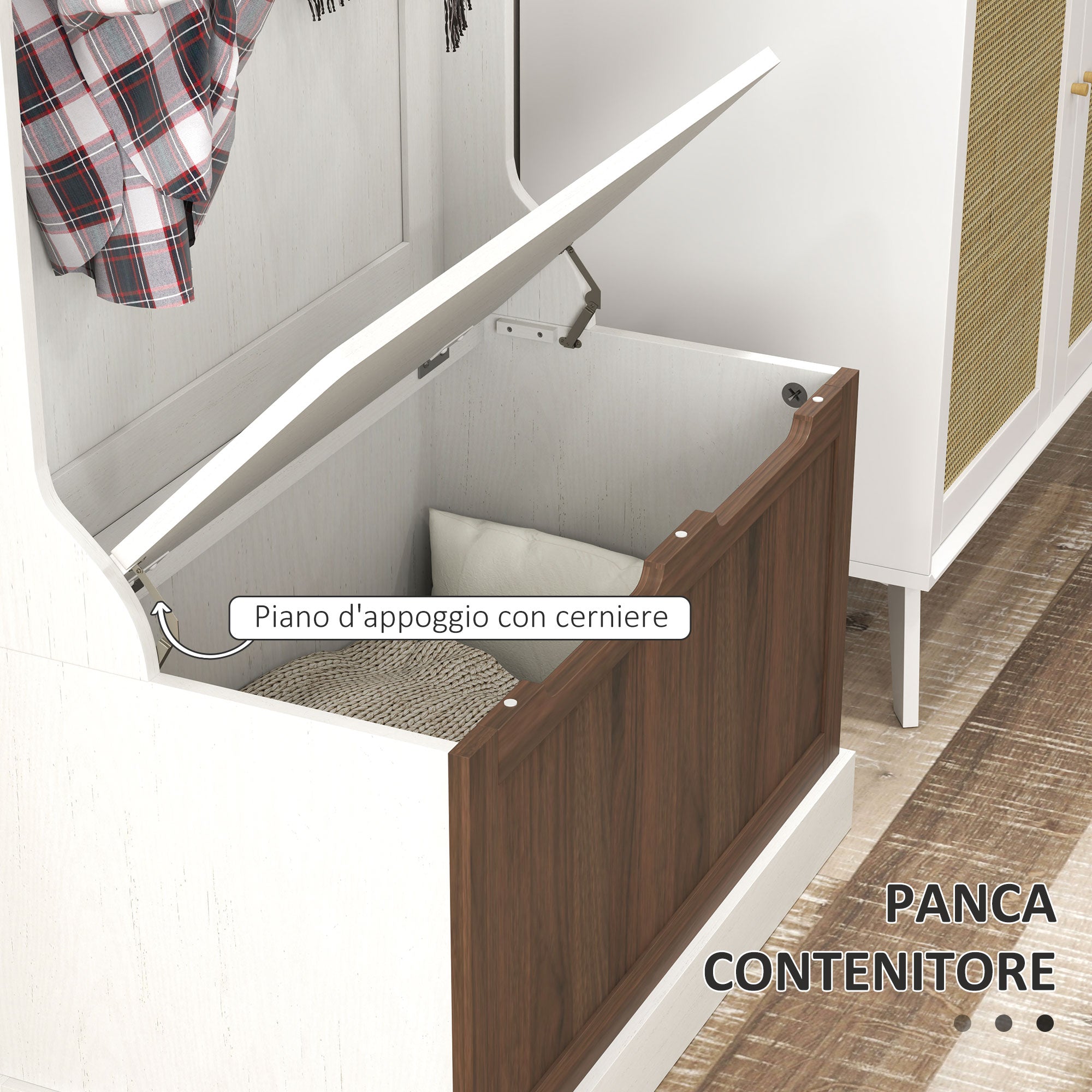 3 in 1 Entryway Coat Rack with Shoe Storage Bench, Space-Saving Floor Coat Rack with 4 Hooks and Storage Bench, in MDF, for Hallway, Bedroom, 71.5x39.5x170 cm, White and Brown