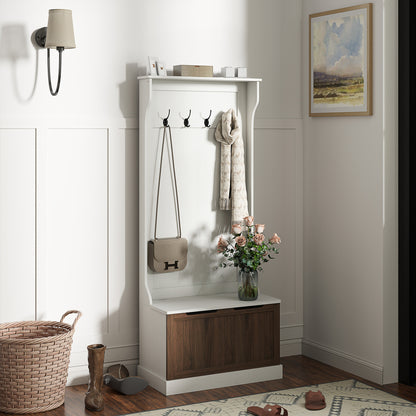 3 in 1 Entryway Coat Rack with Shoe Storage Bench, Space-Saving Floor Coat Rack with 4 Hooks and Storage Bench, in MDF, for Hallway, Bedroom, 71.5x39.5x170 cm, White and Brown