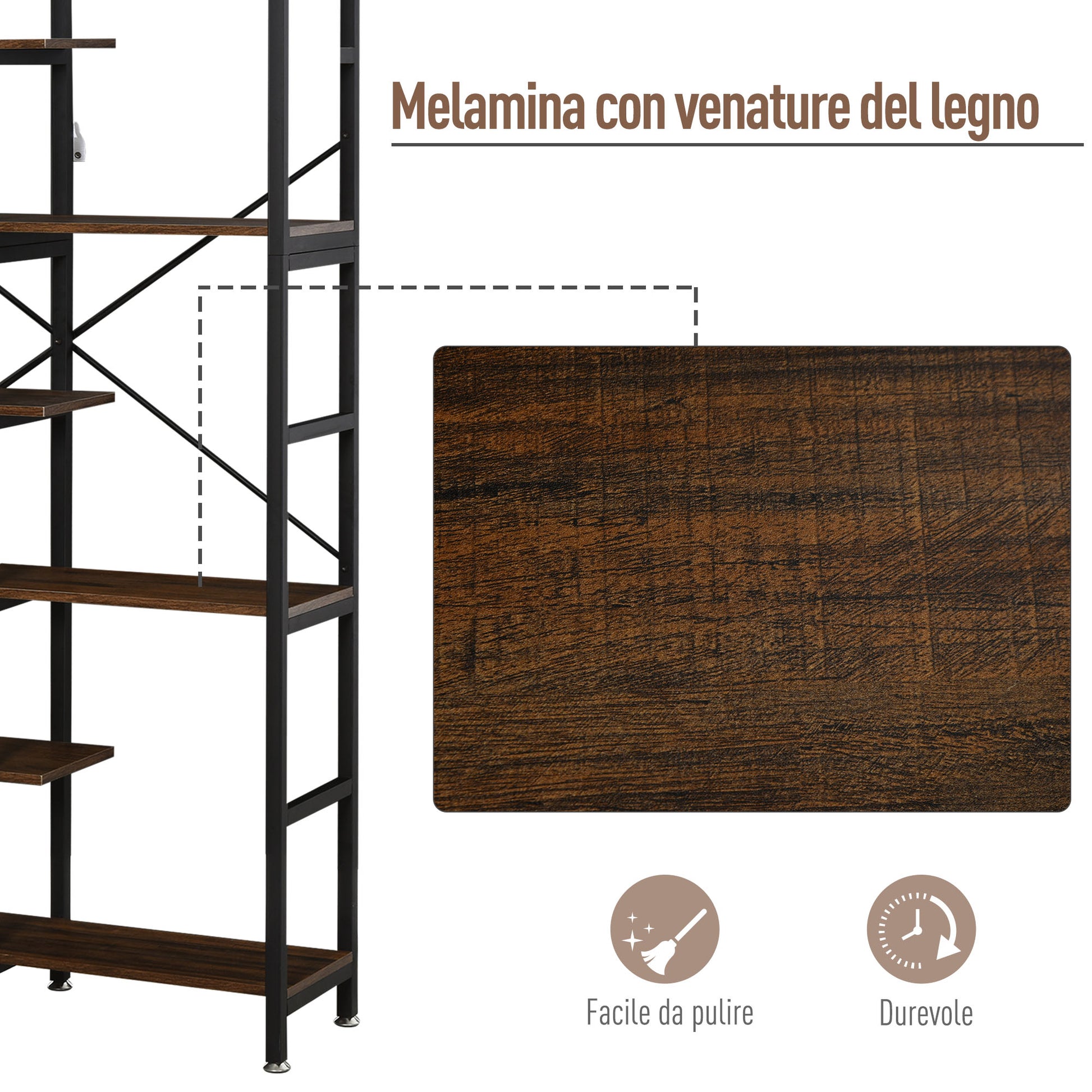 Large Wall Bookshelf in Wood and Black Metal with 6 Shelves, Vintage Industrial Style, 100x30x182cm