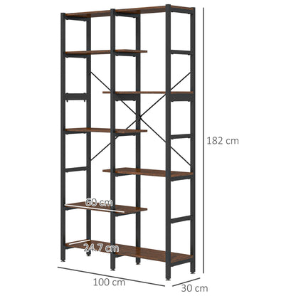 Large Wall Bookshelf in Wood and Black Metal with 6 Shelves, Vintage Industrial Style, 100x30x182cm