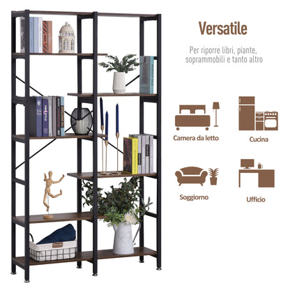 Large Wall Bookshelf in Wood and Black Metal with 6 Shelves, Vintage Industrial Style, 100x30x182cm