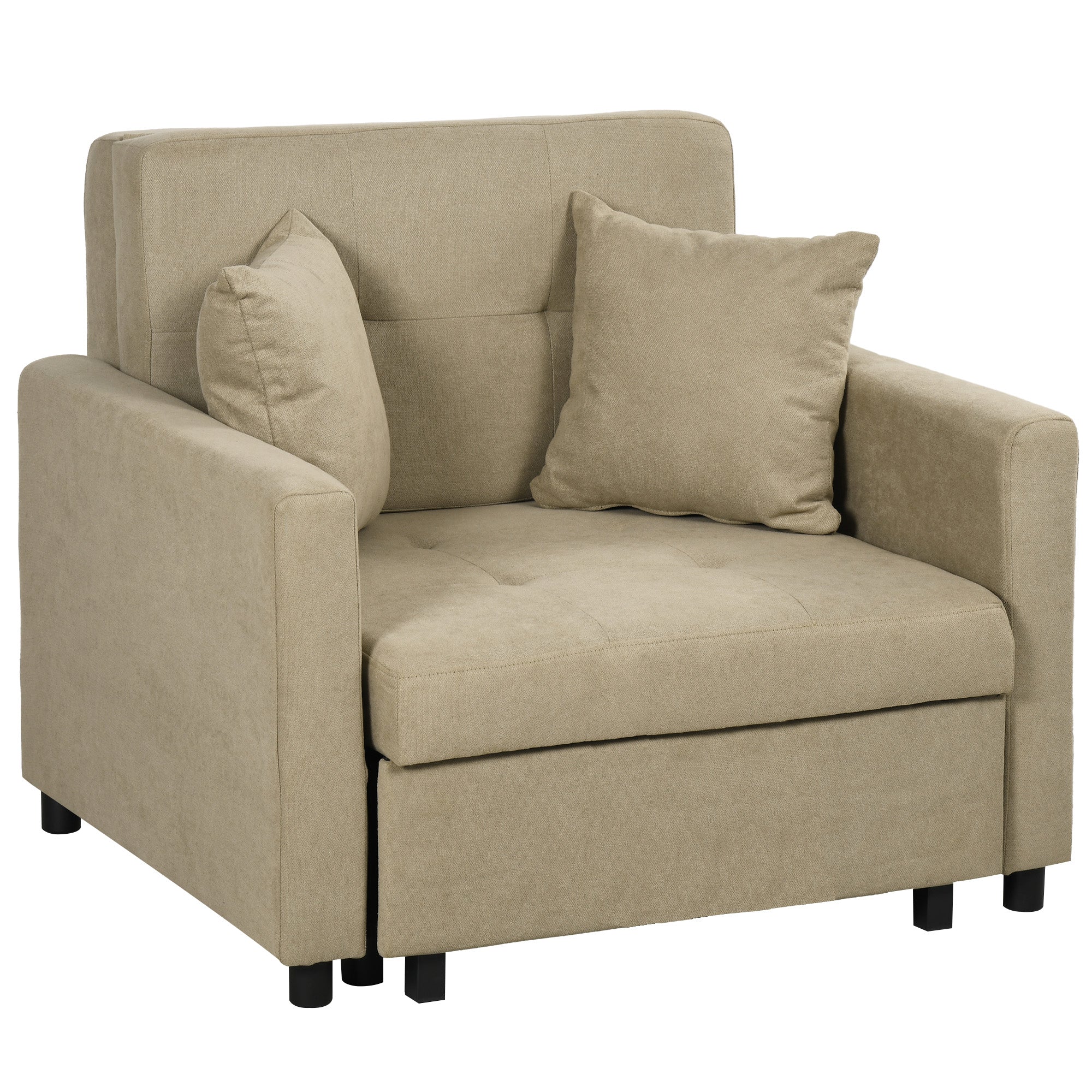 Single Sofa Bed with 2 Cushions and Storage Space, Single Sofa Bed for Living Room in Velvet-like Fabric and Metal, 100x98x88 cm, Light Brown