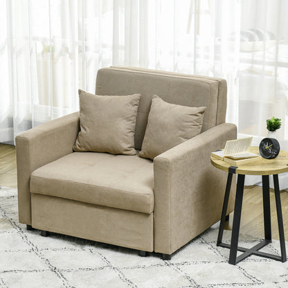 Single Sofa Bed with 2 Cushions and Storage Space, Single Sofa Bed for Living Room in Velvet-like Fabric and Metal, 100x98x88 cm, Light Brown