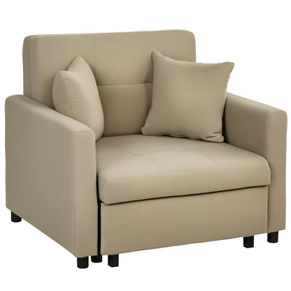 Single Sofa Bed with 2 Cushions and Storage Space, Single Sofa Bed for Living Room in Velvet-like Fabric and Metal, 100x98x88 cm, Light Brown