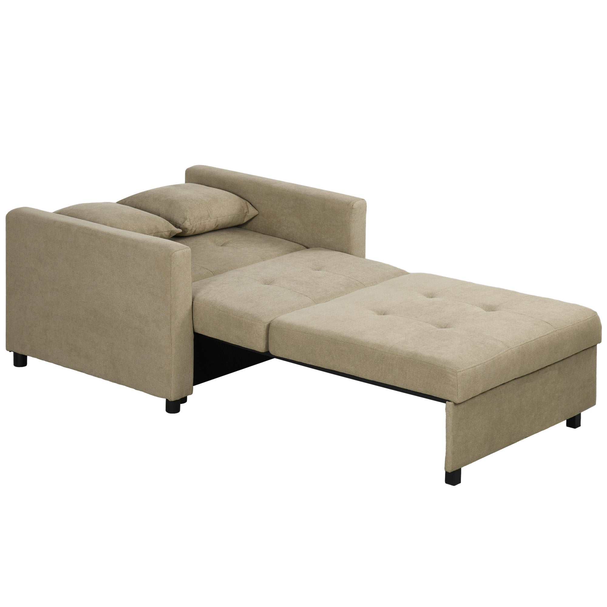 Single Sofa Bed with 2 Cushions and Storage Space, Single Sofa Bed for Living Room in Velvet-like Fabric and Metal, 100x98x88 cm, Light Brown