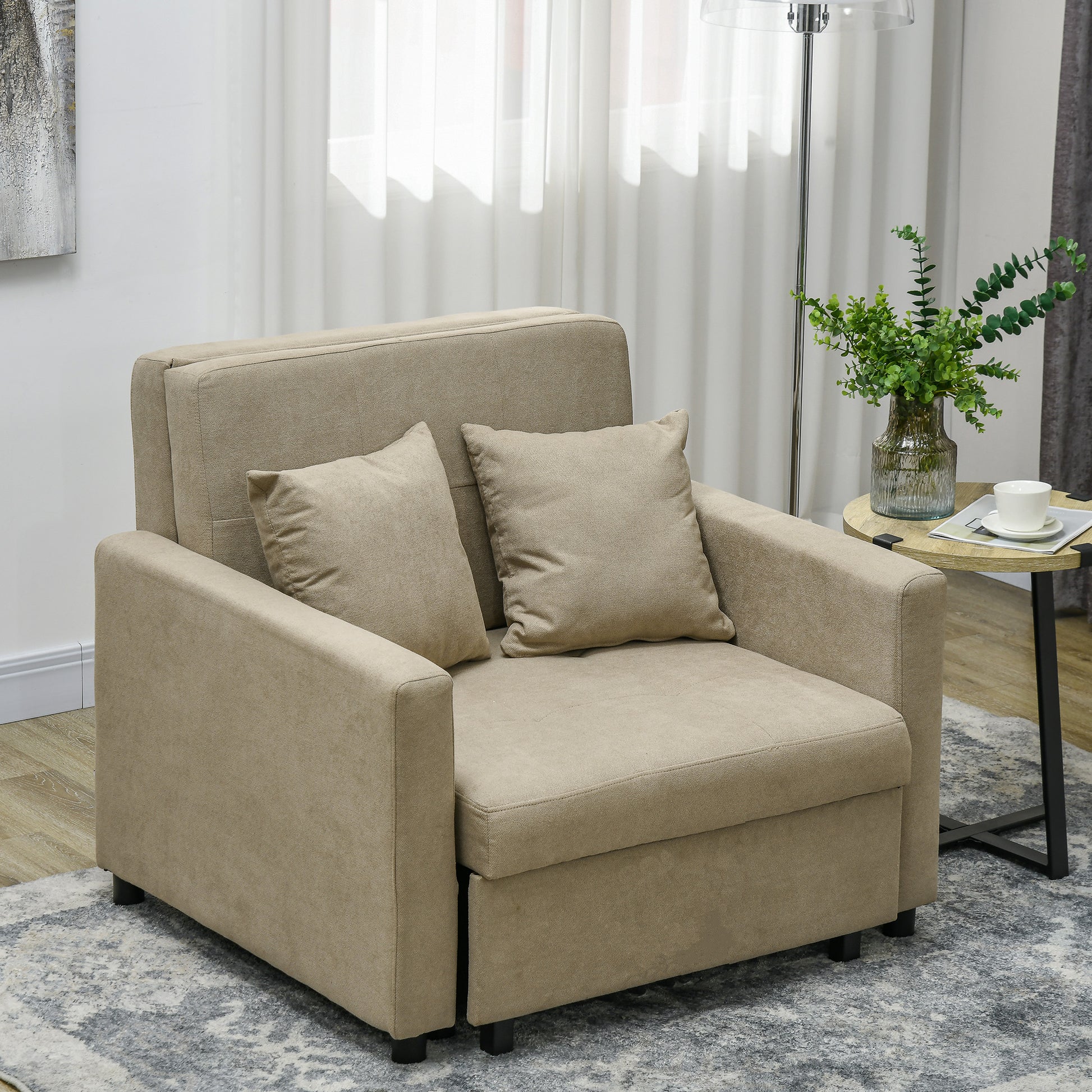 Single Sofa Bed with 2 Cushions and Storage Space, Single Sofa Bed for Living Room in Velvet-like Fabric and Metal, 100x98x88 cm, Light Brown