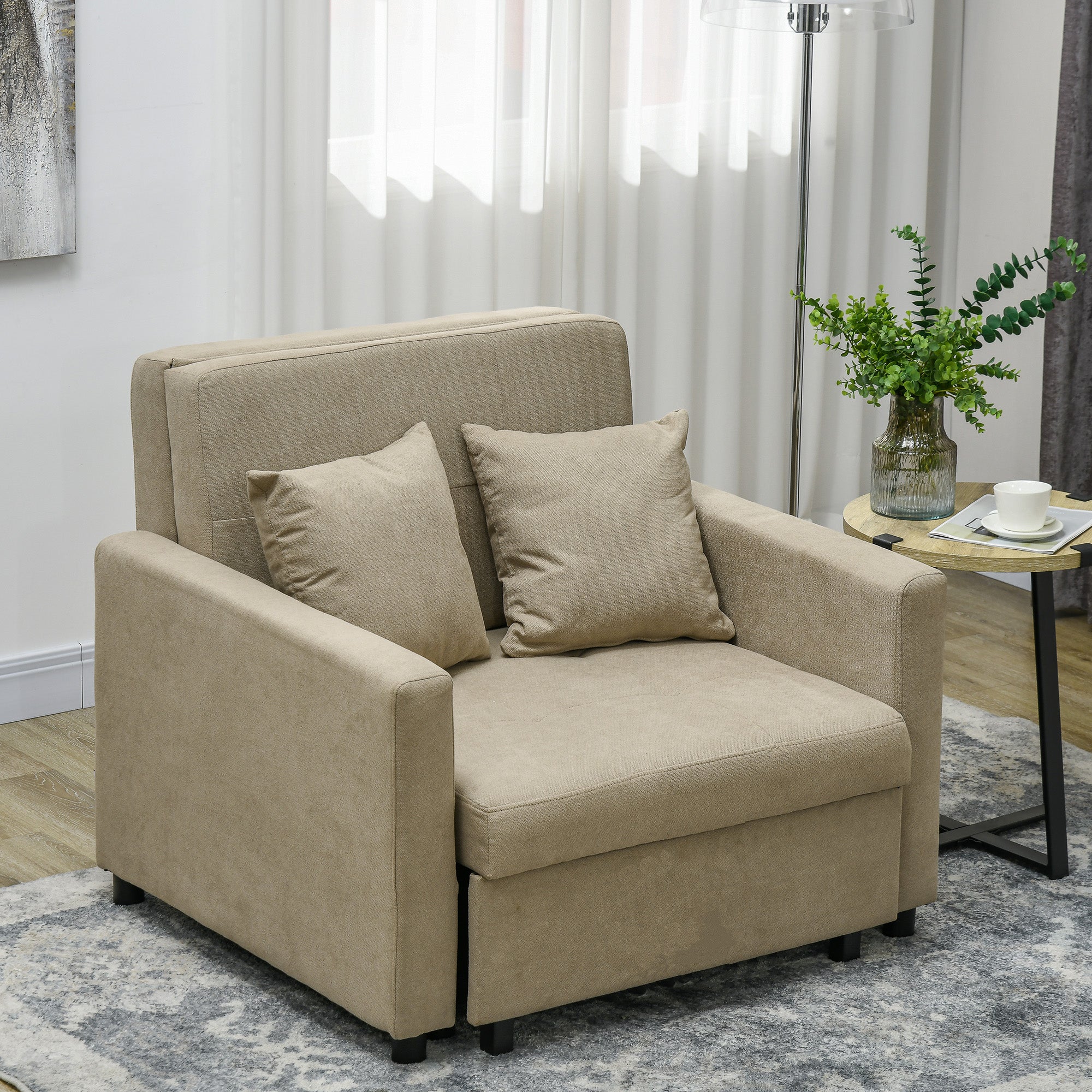Single Sofa Bed with 2 Cushions and Storage Space, Single Sofa Bed for Living Room in Velvet-like Fabric and Metal, 100x98x88 cm, Light Brown