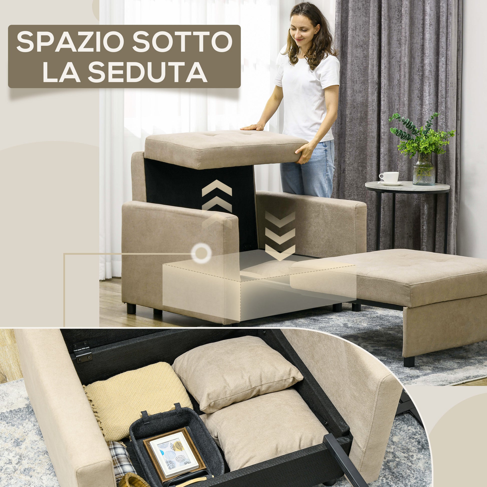 Single Sofa Bed with 2 Cushions and Storage Space, Single Sofa Bed for Living Room in Velvet-like Fabric and Metal, 100x98x88 cm, Light Brown