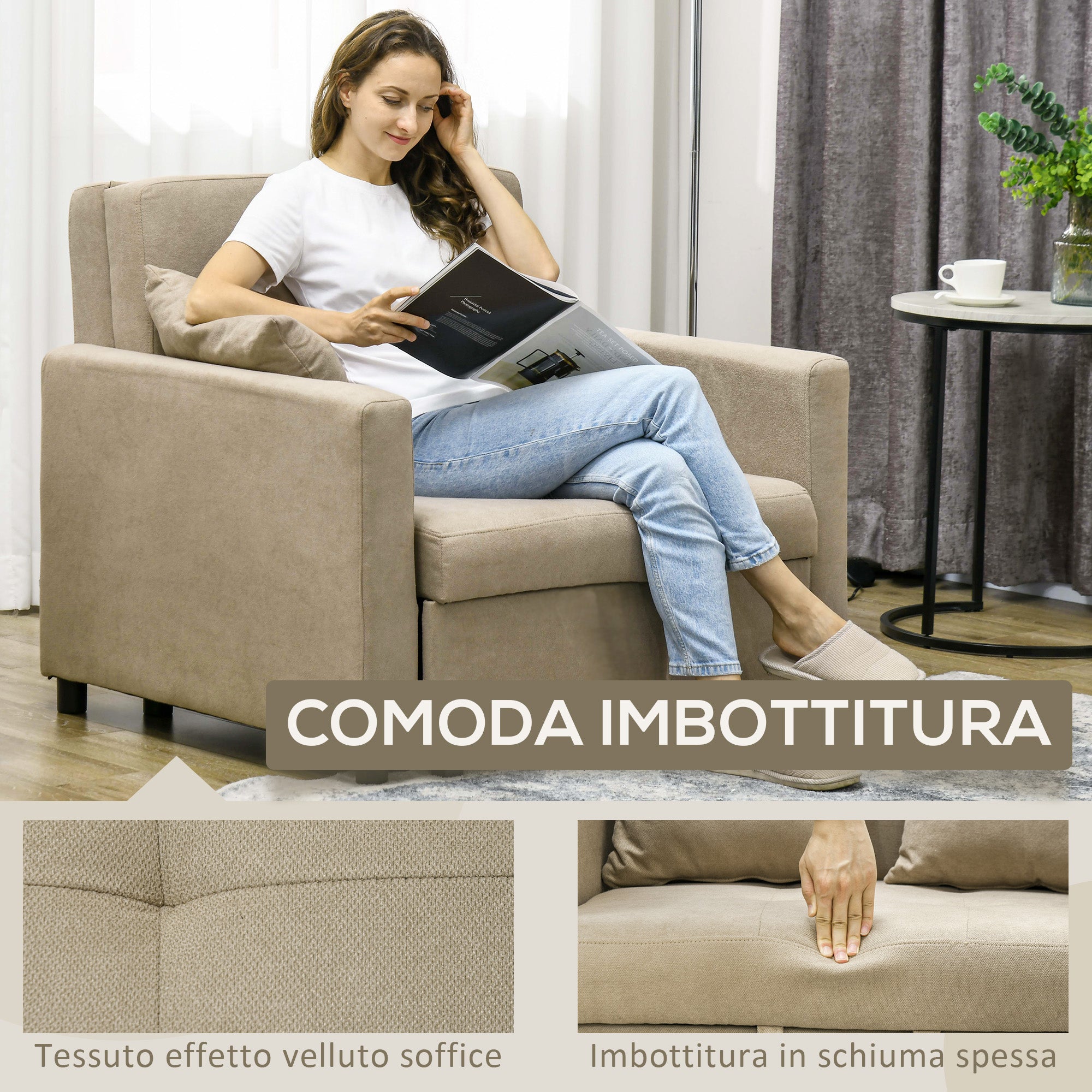 Single Sofa Bed with 2 Cushions and Storage Space, Single Sofa Bed for Living Room in Velvet-like Fabric and Metal, 100x98x88 cm, Light Brown