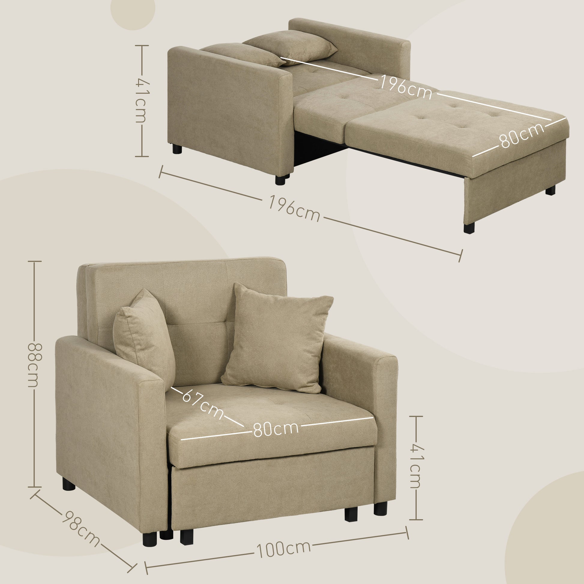 Single Sofa Bed with 2 Cushions and Storage Space, Single Sofa Bed for Living Room in Velvet-like Fabric and Metal, 100x98x88 cm, Light Brown
