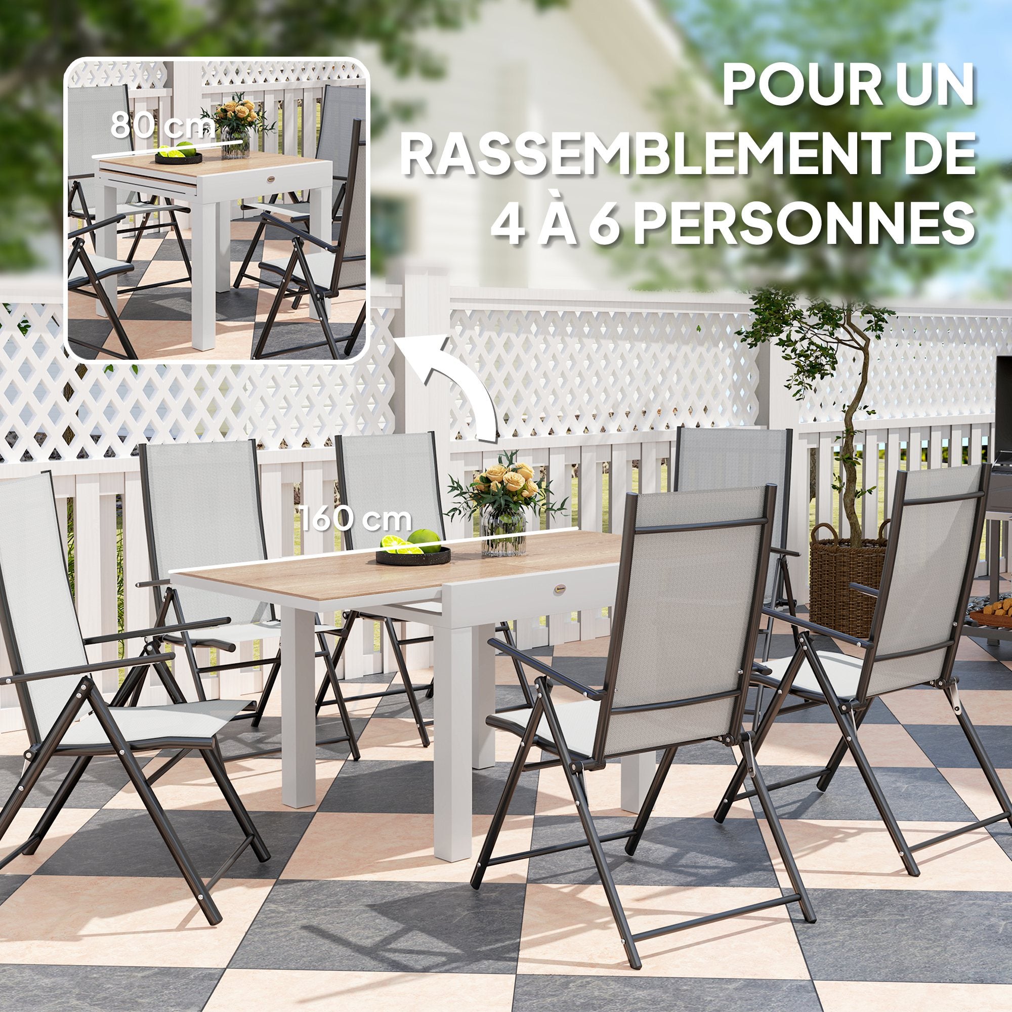 80/160 cm Extendable Aluminum Garden Table, Rectangular Patio Dining Table for 6 People, Rust-Resistant and Weatherproof, for Patio, Terrace, Light Gray