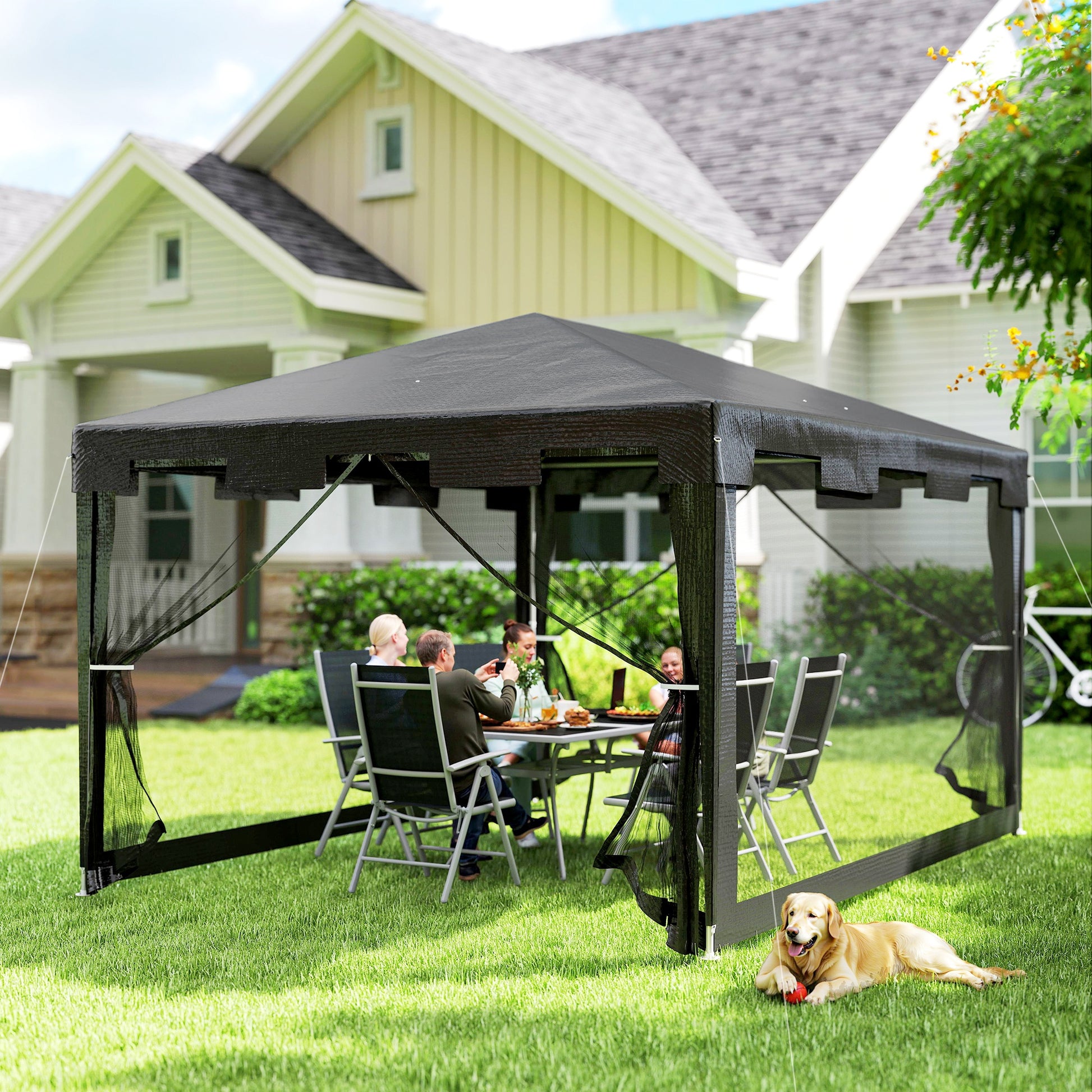Pavilion 4x3m Rectangular Water-Repellent Stable Winterproof Pavilion with Mosquito Net 4 Side Panels Party Tent Garden Tent Garden Pavilion Marquee for Camping Garden, Dark Gray