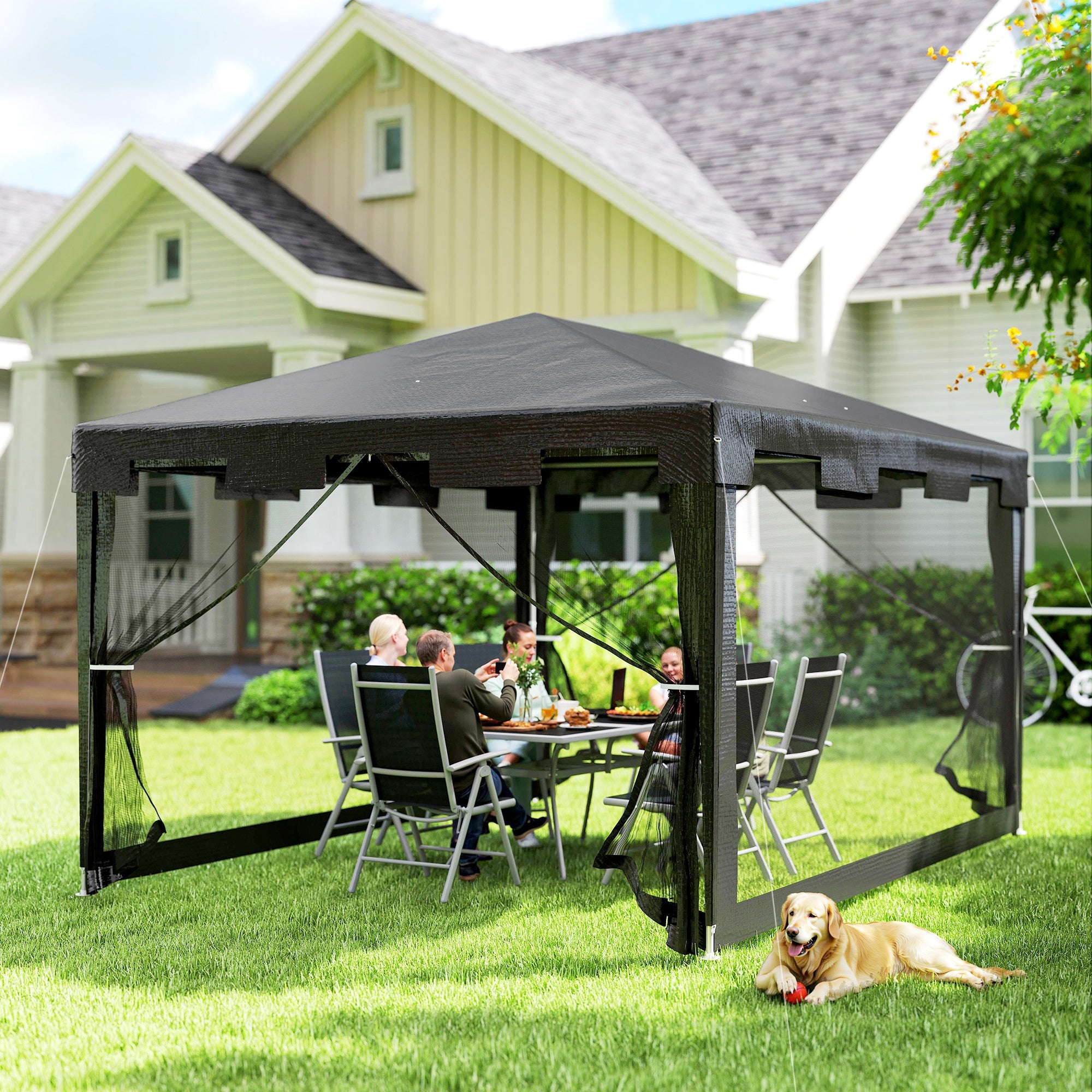 Pavilion 4x3m Rectangular Water-Repellent Stable Winterproof Pavilion with Mosquito Net 4 Side Panels Party Tent Garden Tent Garden Pavilion Marquee for Camping Garden, Dark Gray