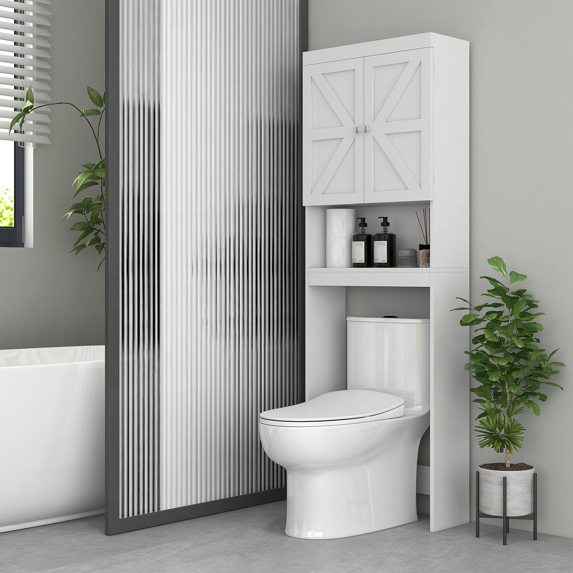 Over-The-Toilet Storage Cabinet, WC Over-The-Toilet Cabinet, Bathroom Cabinet with 2-Door Cupboard and Open Shelf 58.5L x 23W x 170H cm Wooden - White