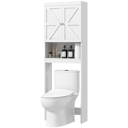 Over-The-Toilet Storage Cabinet, WC Over-The-Toilet Cabinet, Bathroom Cabinet with 2-Door Cupboard and Open Shelf 58.5L x 23W x 170H cm Wooden - White