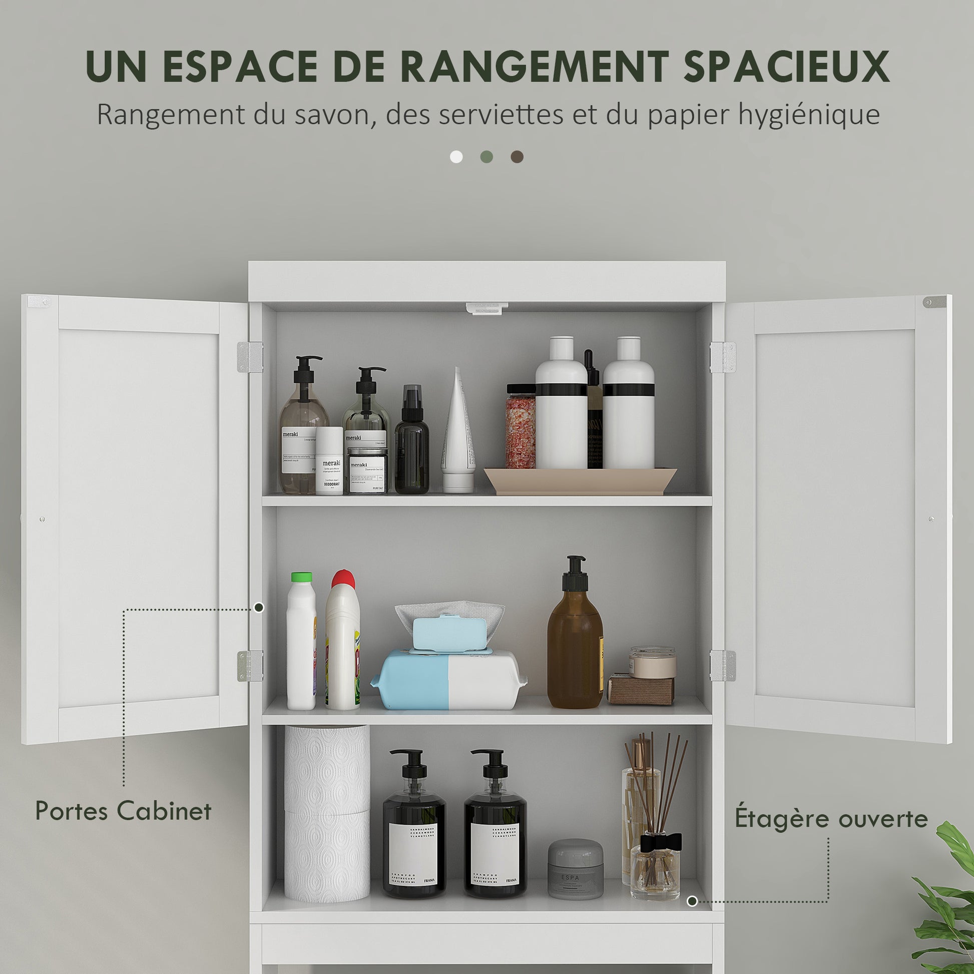 Over-The-Toilet Storage Cabinet, WC Over-The-Toilet Cabinet, Bathroom Cabinet with 2-Door Cupboard and Open Shelf 58.5L x 23W x 170H cm Wooden - White