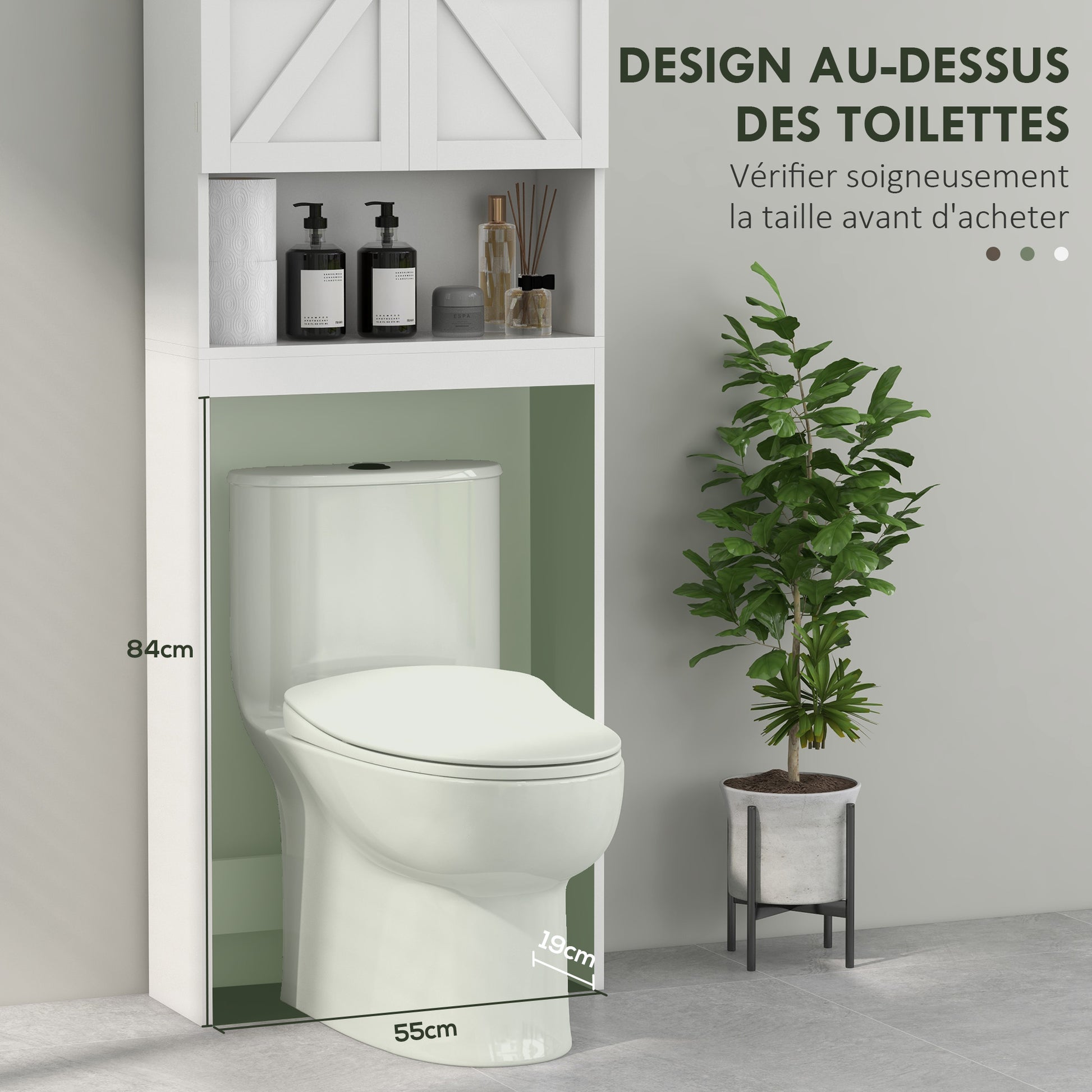 Over-The-Toilet Storage Cabinet, WC Over-The-Toilet Cabinet, Bathroom Cabinet with 2-Door Cupboard and Open Shelf 58.5L x 23W x 170H cm Wooden - White