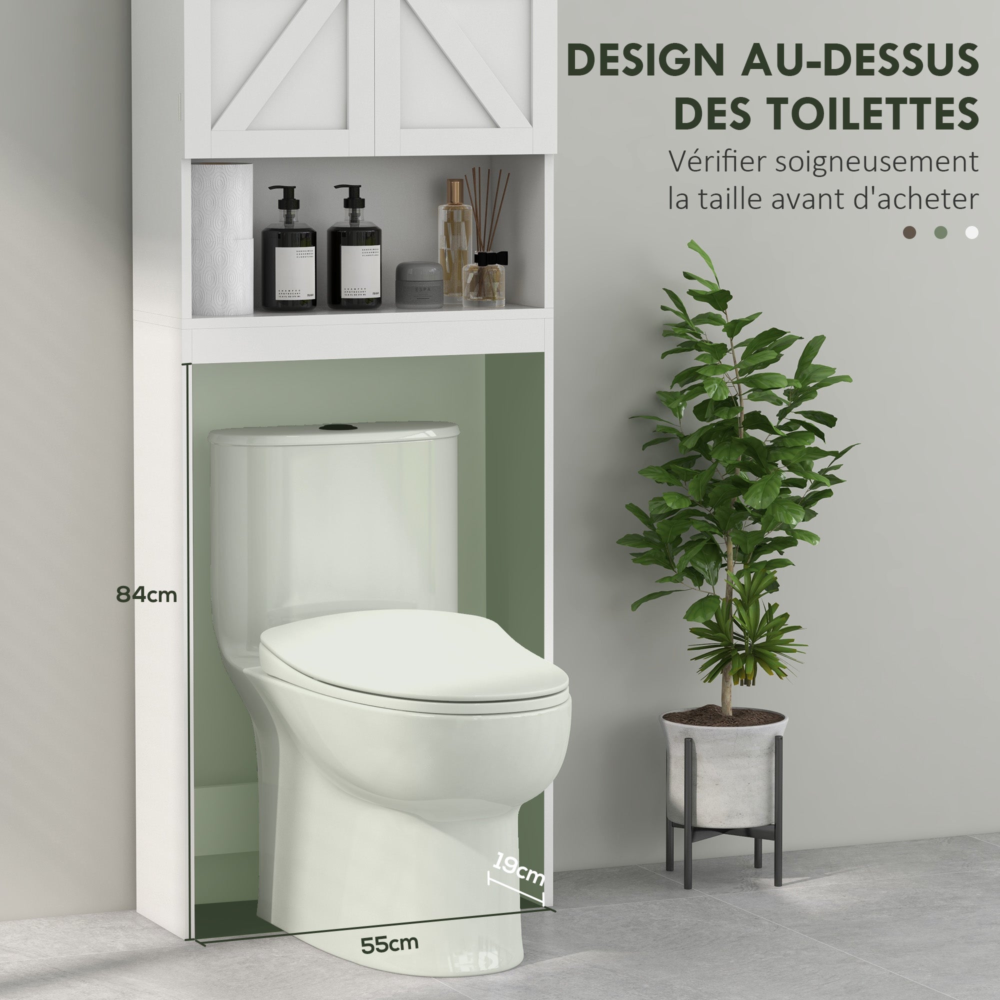 Over-The-Toilet Storage Cabinet, WC Over-The-Toilet Cabinet, Bathroom Cabinet with 2-Door Cupboard and Open Shelf 58.5L x 23W x 170H cm Wooden - White