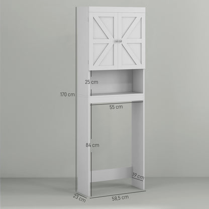Over-The-Toilet Storage Cabinet, WC Over-The-Toilet Cabinet, Bathroom Cabinet with 2-Door Cupboard and Open Shelf 58.5L x 23W x 170H cm Wooden - White