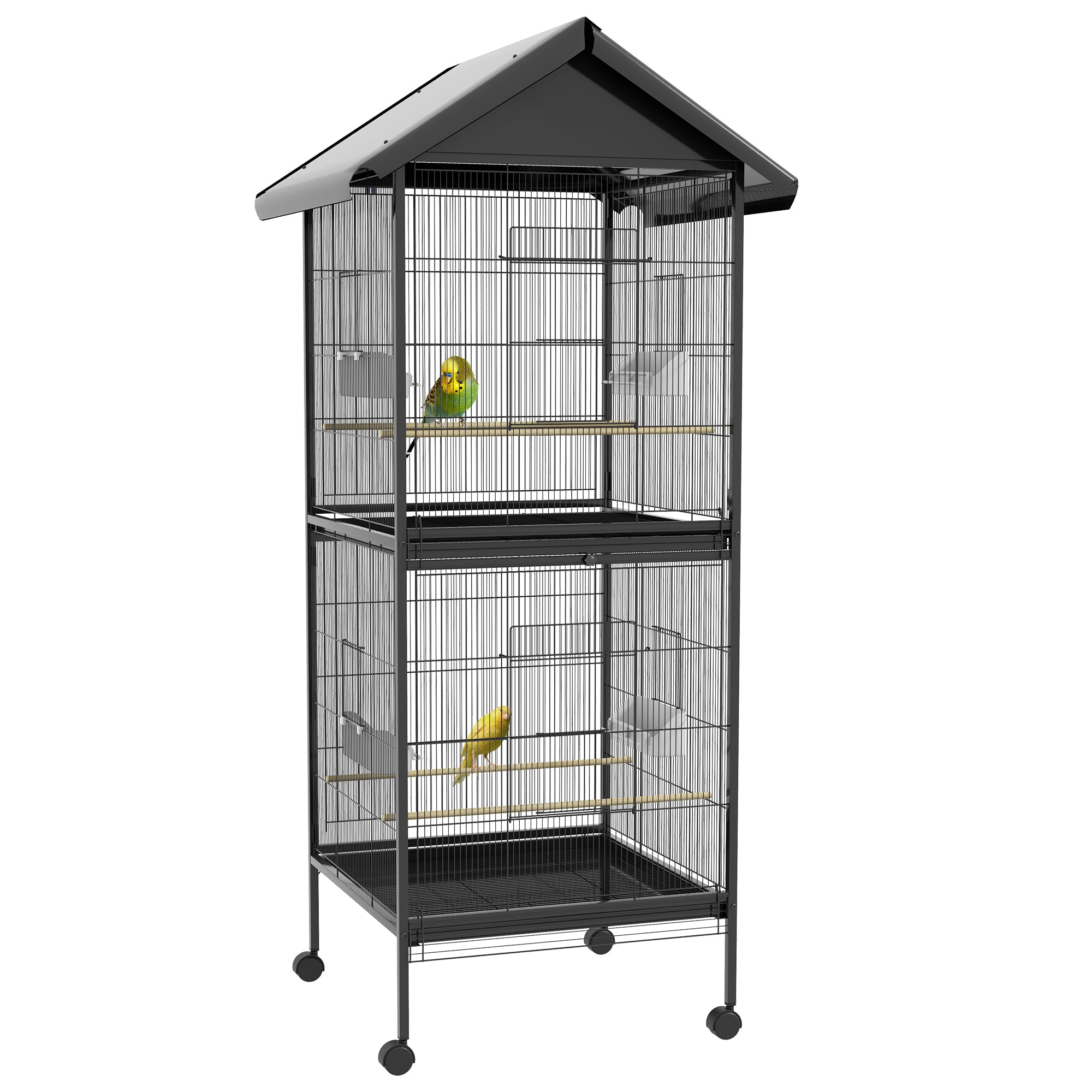 2-in-1 Large Bird Cage with 2 Floors Convertible into a Single Birdcage with 4 Feeders, 4 Perches, and Removable Trays for Canaries, Parrots 78x75x168 cm Black