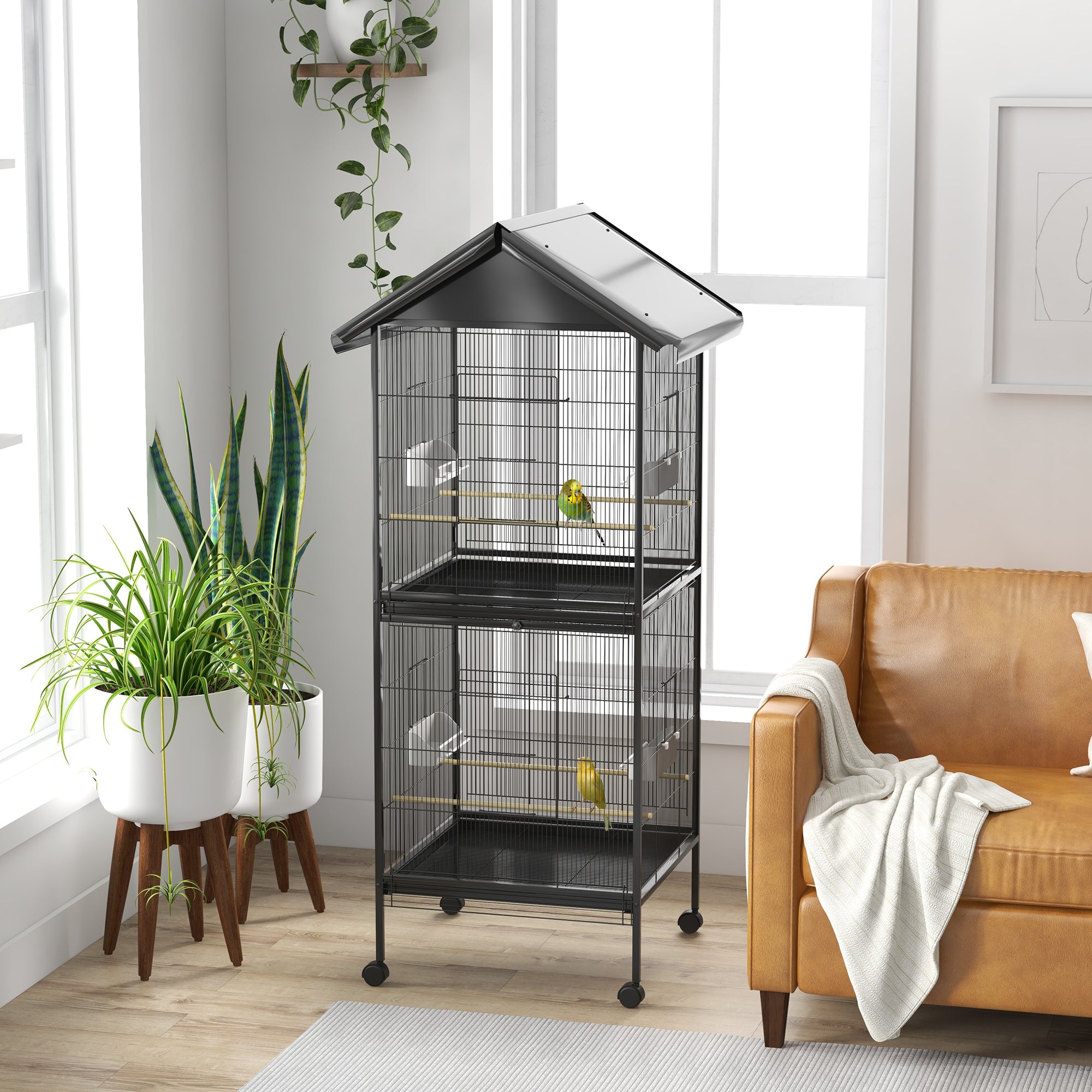 2-in-1 Large Bird Cage with 2 Floors Convertible into a Single Birdcage with 4 Feeders, 4 Perches, and Removable Trays for Canaries, Parrots 78x75x168 cm Black