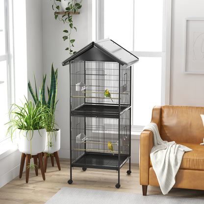 2-in-1 Large Bird Cage with 2 Floors Convertible into a Single Birdcage with 4 Feeders, 4 Perches, and Removable Trays for Canaries, Parrots 78x75x168 cm Black