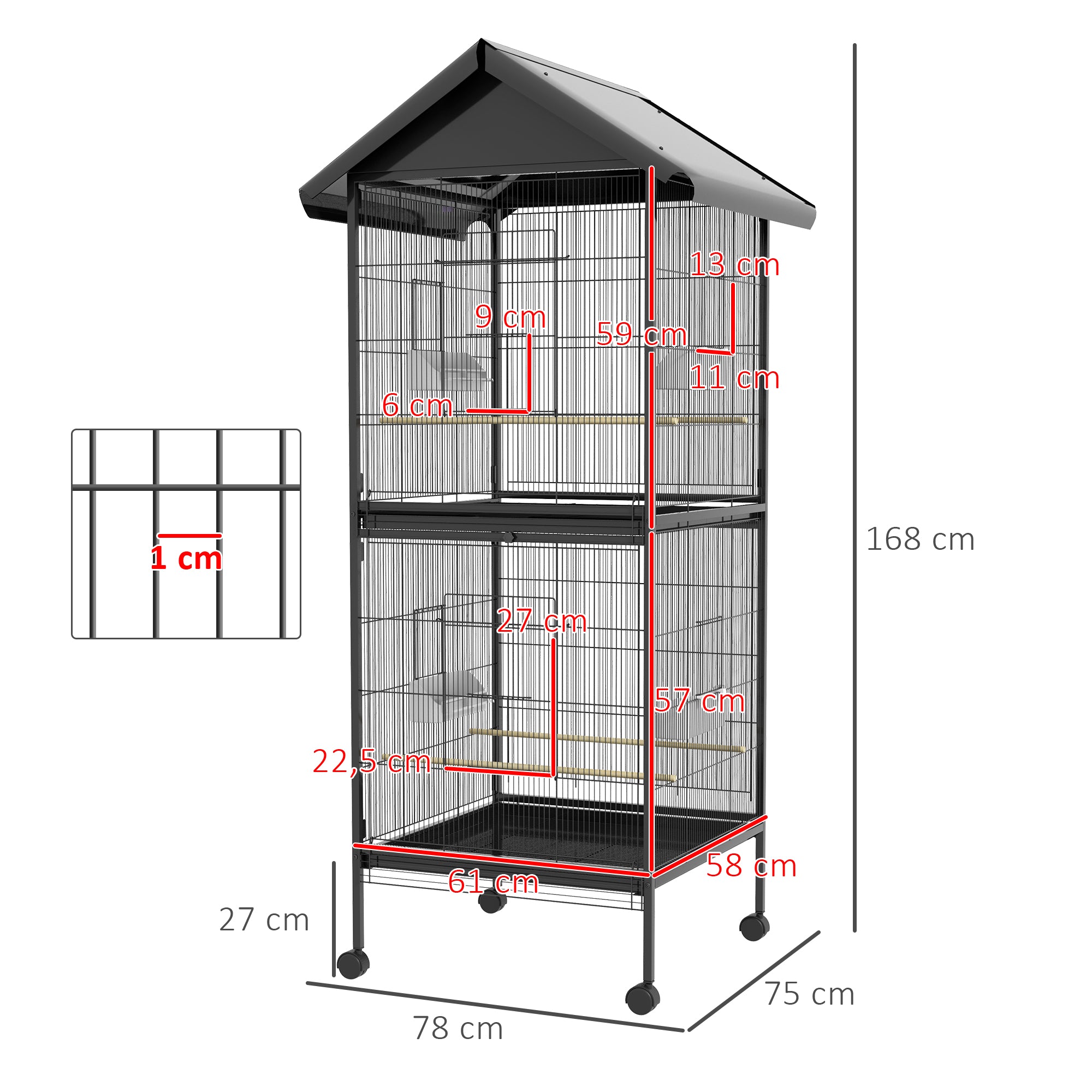 2-in-1 Large Bird Cage with 2 Floors Convertible into a Single Birdcage with 4 Feeders, 4 Perches, and Removable Trays for Canaries, Parrots 78x75x168 cm Black