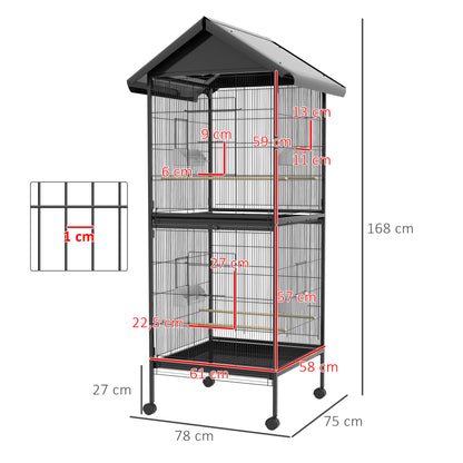 2-in-1 Large Bird Cage with 2 Floors Convertible into a Single Birdcage with 4 Feeders, 4 Perches, and Removable Trays for Canaries, Parrots 78x75x168 cm Black