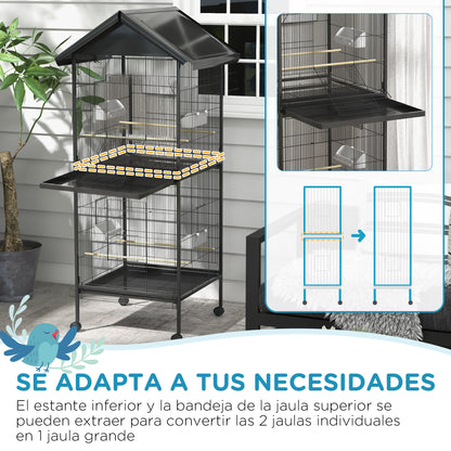 2-in-1 Large Bird Cage with 2 Floors Convertible into a Single Birdcage with 4 Feeders, 4 Perches, and Removable Trays for Canaries, Parrots 78x75x168 cm Black