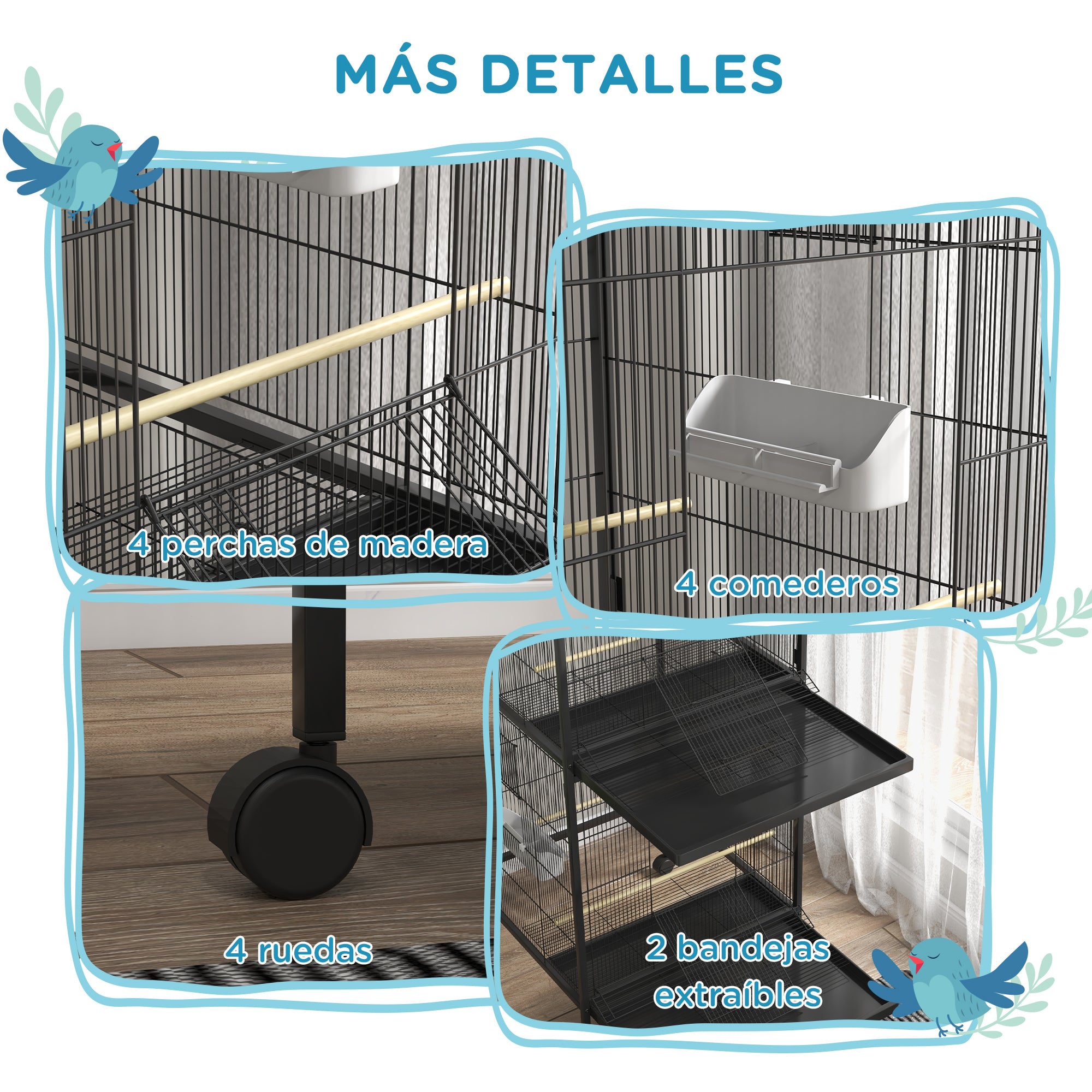 2-in-1 Large Bird Cage with 2 Floors Convertible into a Single Birdcage with 4 Feeders, 4 Perches, and Removable Trays for Canaries, Parrots 78x75x168 cm Black