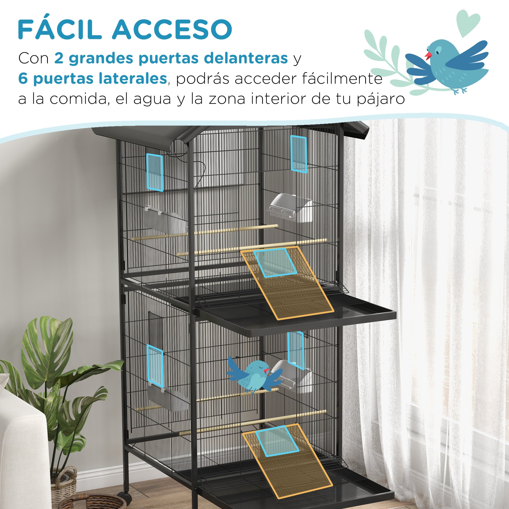 2-in-1 Large Bird Cage with 2 Floors Convertible into a Single Birdcage with 4 Feeders, 4 Perches, and Removable Trays for Canaries, Parrots 78x75x168 cm Black