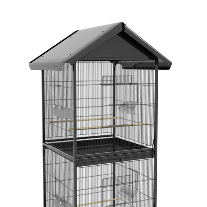 2-in-1 Large Bird Cage with 2 Floors Convertible into a Single Birdcage with 4 Feeders, 4 Perches, and Removable Trays for Canaries, Parrots 78x75x168 cm Black