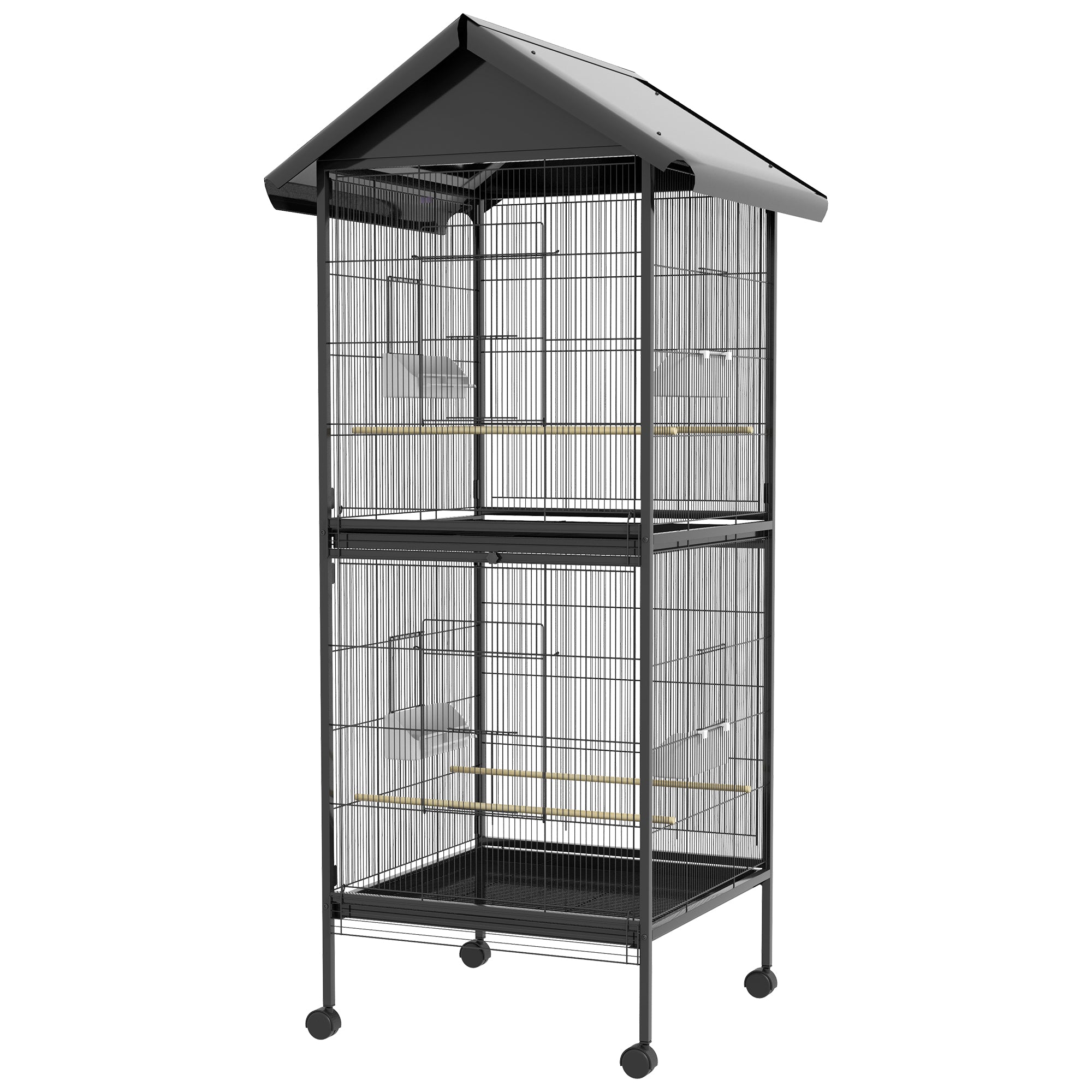 2-in-1 Large Bird Cage with 2 Floors Convertible into a Single Birdcage with 4 Feeders, 4 Perches, and Removable Trays for Canaries, Parrots 78x75x168 cm Black