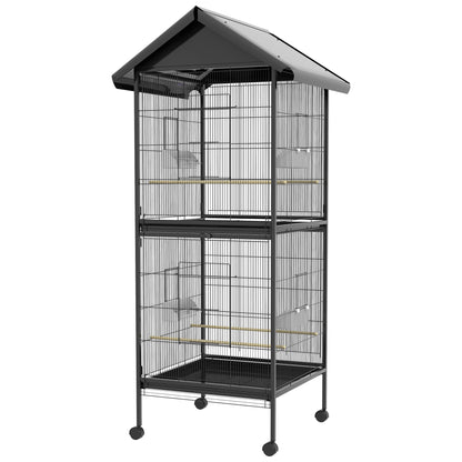 2-in-1 Large Bird Cage with 2 Floors Convertible into a Single Birdcage with 4 Feeders, 4 Perches, and Removable Trays for Canaries, Parrots 78x75x168 cm Black
