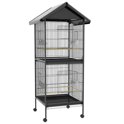 2-in-1 Large Bird Cage with 2 Floors Convertible into a Single Birdcage with 4 Feeders, 4 Perches, and Removable Trays for Canaries, Parrots 78x75x168 cm Black