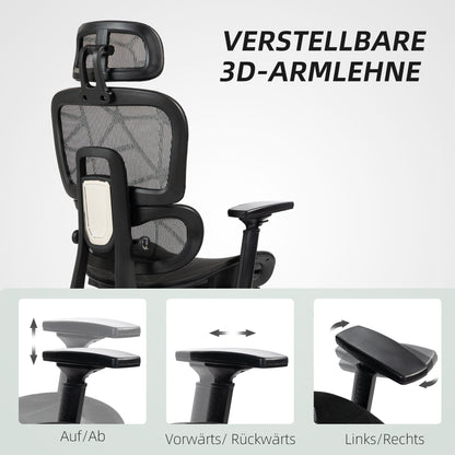 Office Chair Ergonomic Desk Chair with Armrest, Headrest, Lumbar Support, Height Adjustable Mesh Swivel Chair with Rocking Function, Reclining Function, Footrest Black