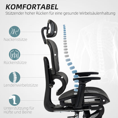 Office Chair Ergonomic Desk Chair with Armrest, Headrest, Lumbar Support, Height Adjustable Mesh Swivel Chair with Rocking Function, Reclining Function, Footrest Black