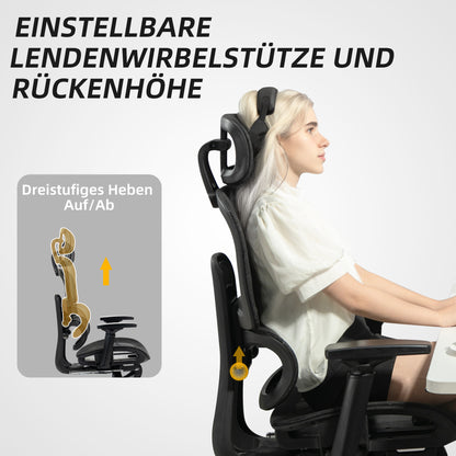 Office Chair Ergonomic Desk Chair with Armrest, Headrest, Lumbar Support, Height Adjustable Mesh Swivel Chair with Rocking Function, Reclining Function, Footrest Black