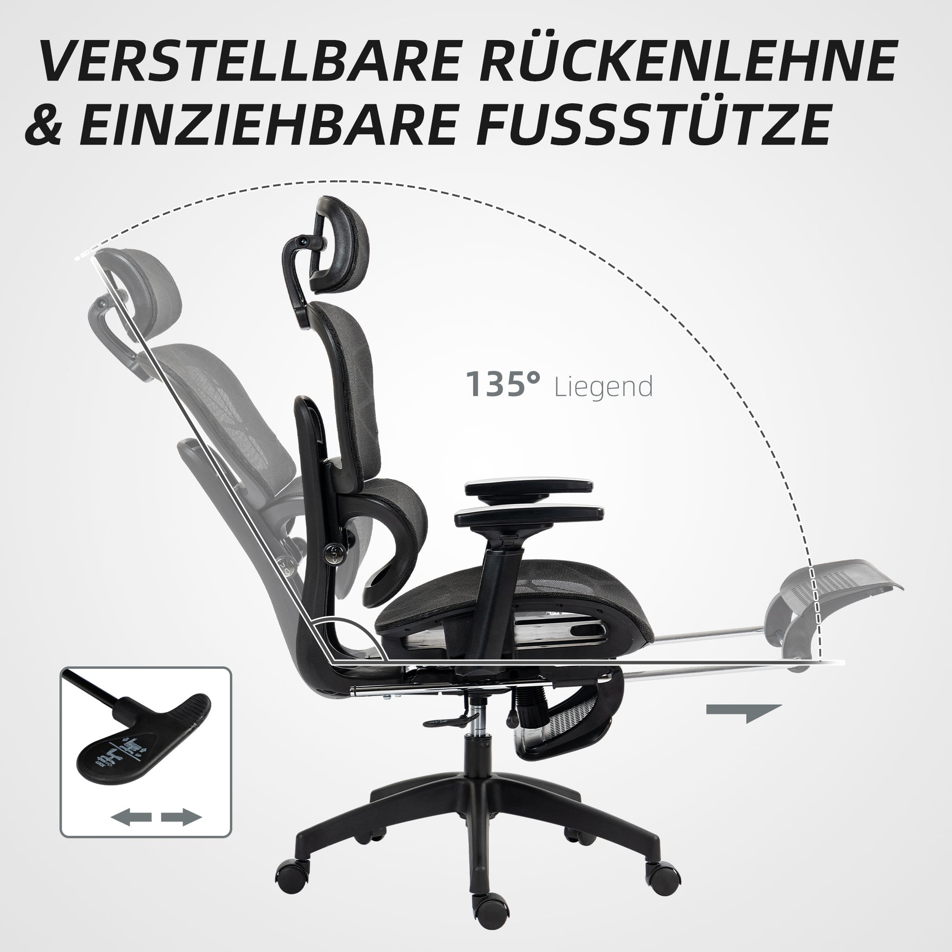 Office Chair Ergonomic Desk Chair with Armrest, Headrest, Lumbar Support, Height Adjustable Mesh Swivel Chair with Rocking Function, Reclining Function, Footrest Black