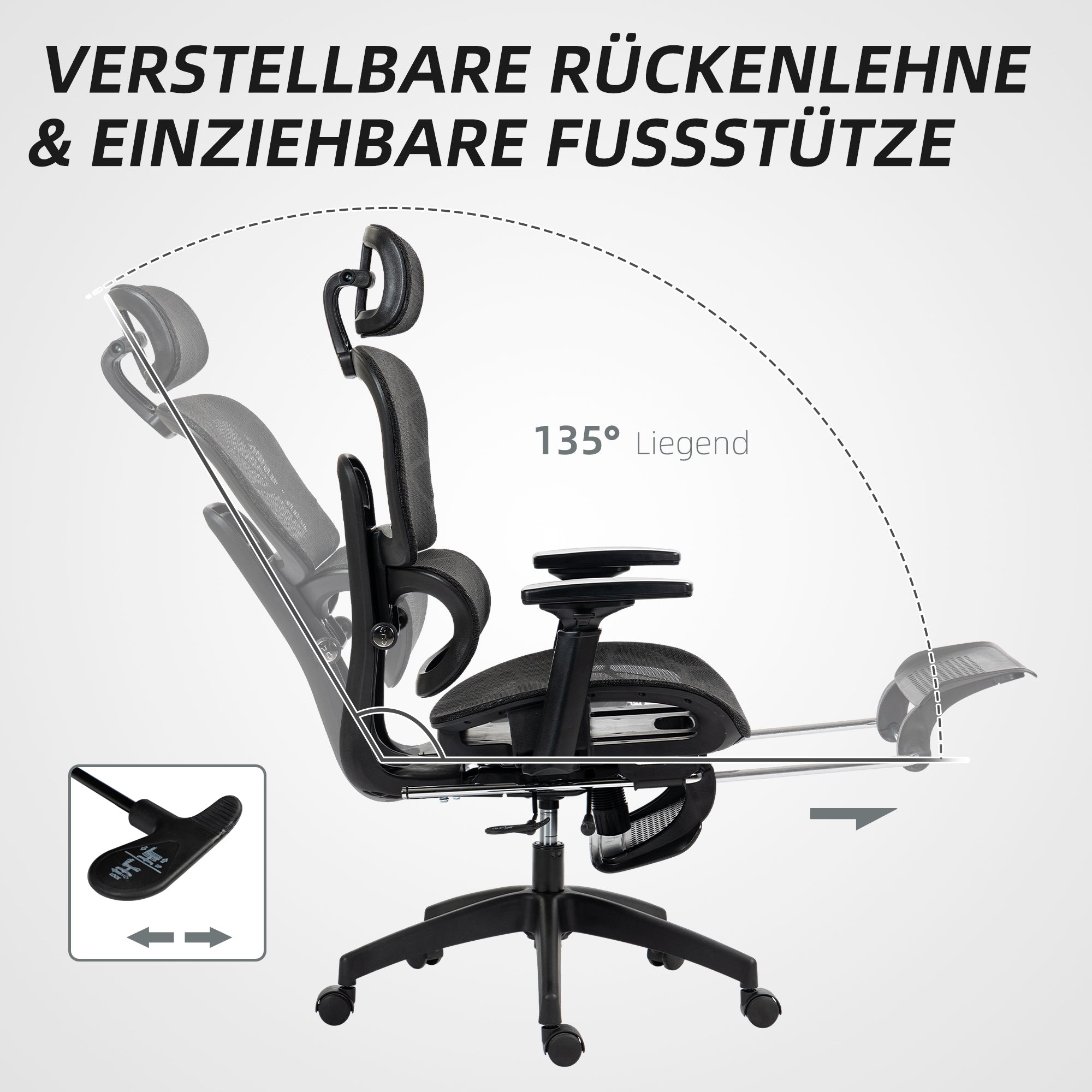 Office Chair Ergonomic Desk Chair with Armrest, Headrest, Lumbar Support, Height Adjustable Mesh Swivel Chair with Rocking Function, Reclining Function, Footrest Black