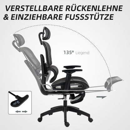 Office Chair Ergonomic Desk Chair with Armrest, Headrest, Lumbar Support, Height Adjustable Mesh Swivel Chair with Rocking Function, Reclining Function, Footrest Black