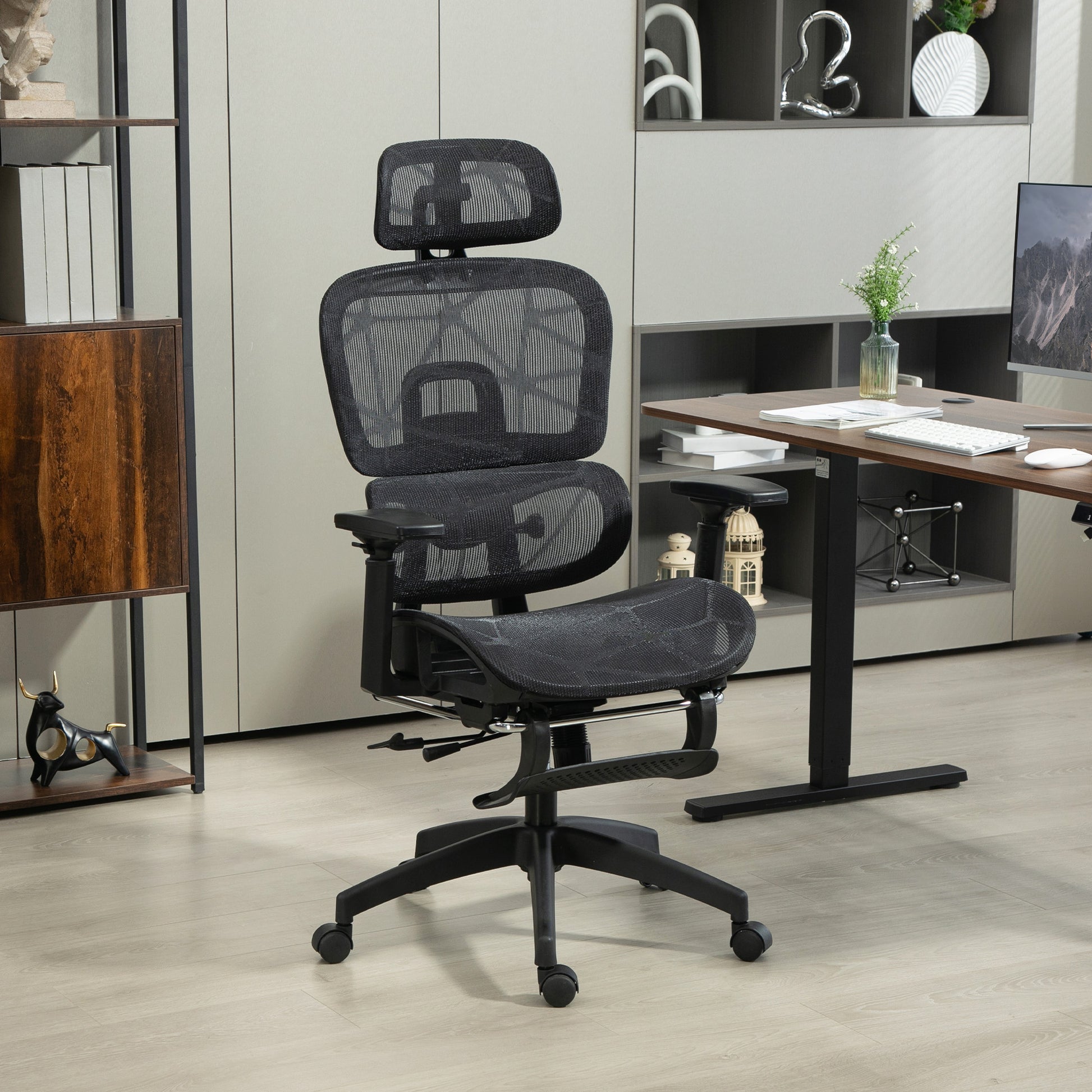 Office Chair Ergonomic Desk Chair with Armrest, Headrest, Lumbar Support, Height Adjustable Mesh Swivel Chair with Rocking Function, Reclining Function, Footrest Black