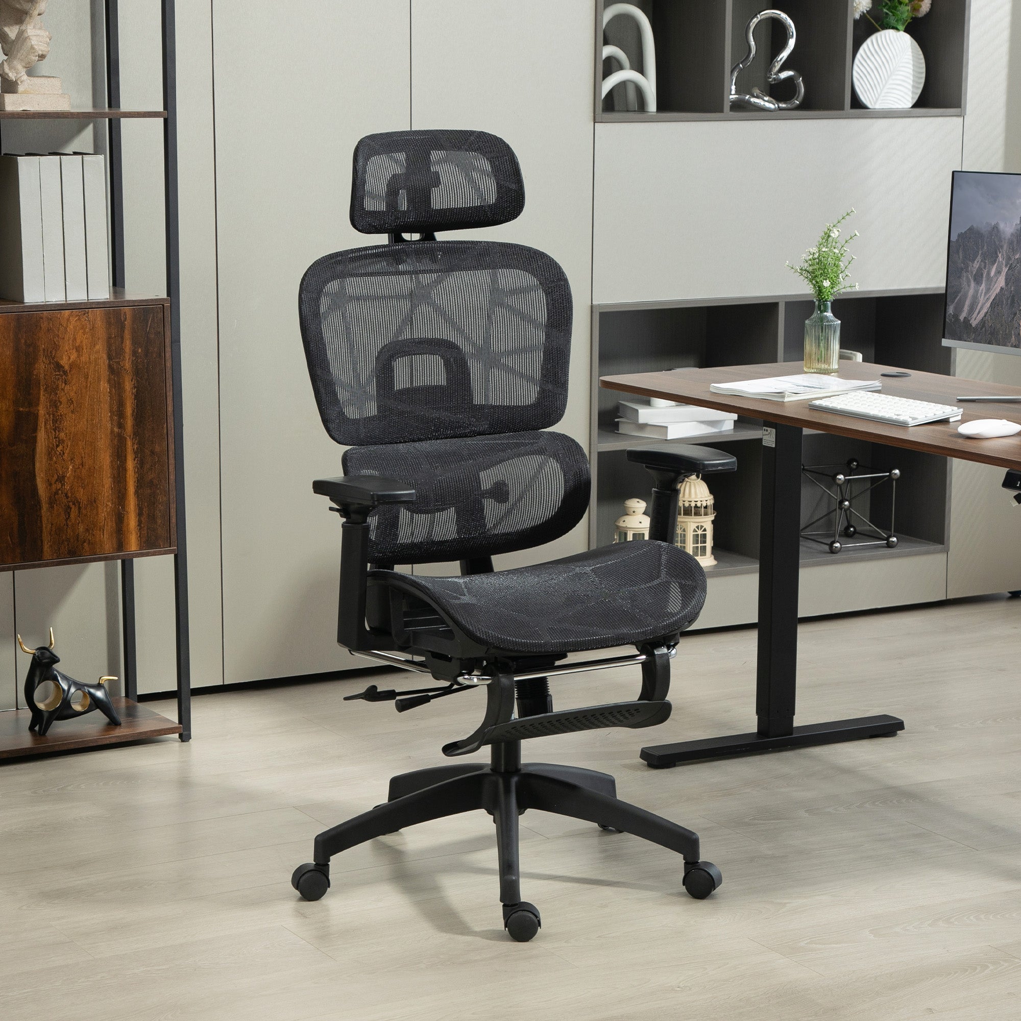 Office Chair Ergonomic Desk Chair with Armrest, Headrest, Lumbar Support, Height Adjustable Mesh Swivel Chair with Rocking Function, Reclining Function, Footrest Black