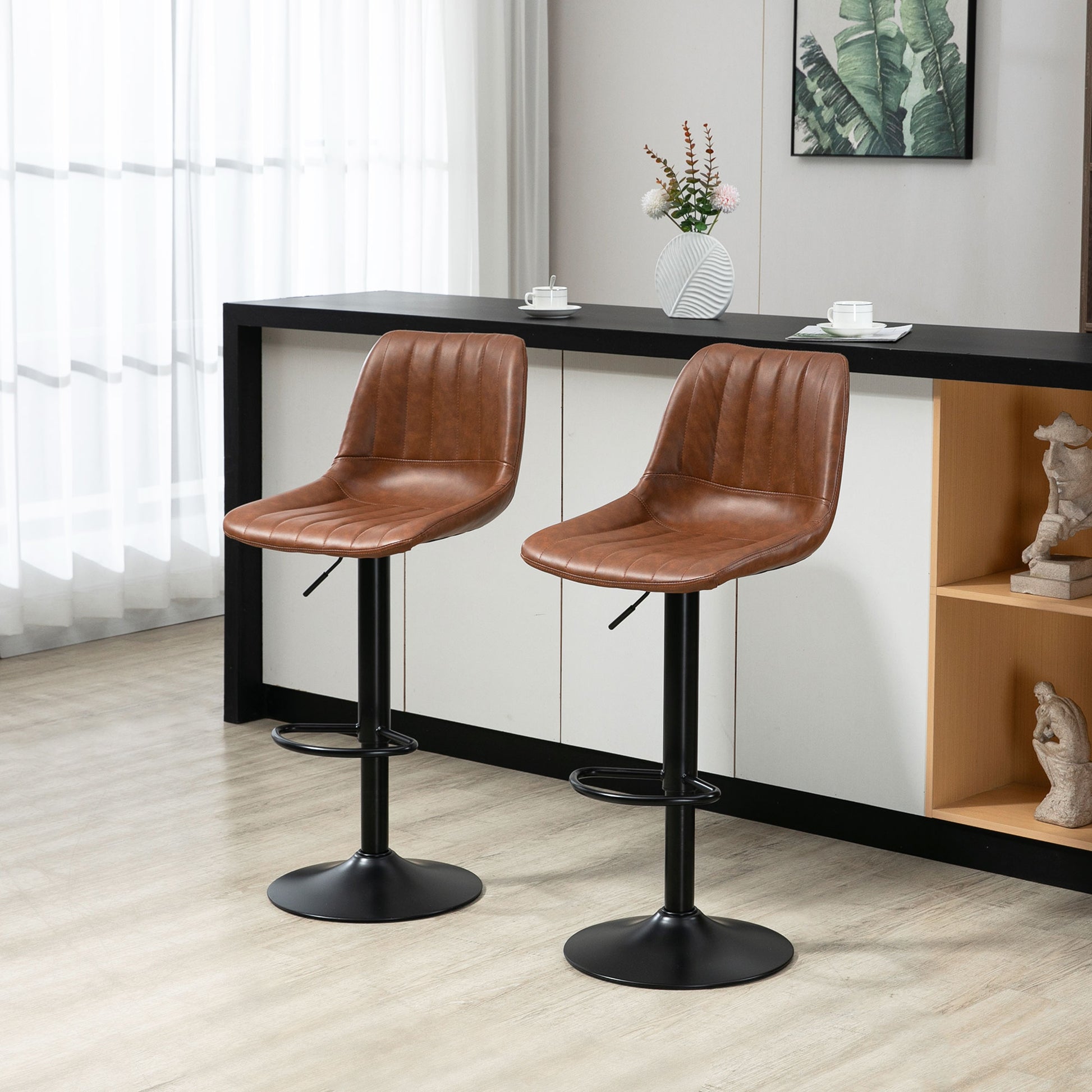 Bar Stool Set of 2, 360° Swivel Padded Bar Chair with Footrest, Backrest, Height Adjustable Faux Leather Counter Stool for Kitchen, Living Room, Dining Room Brown