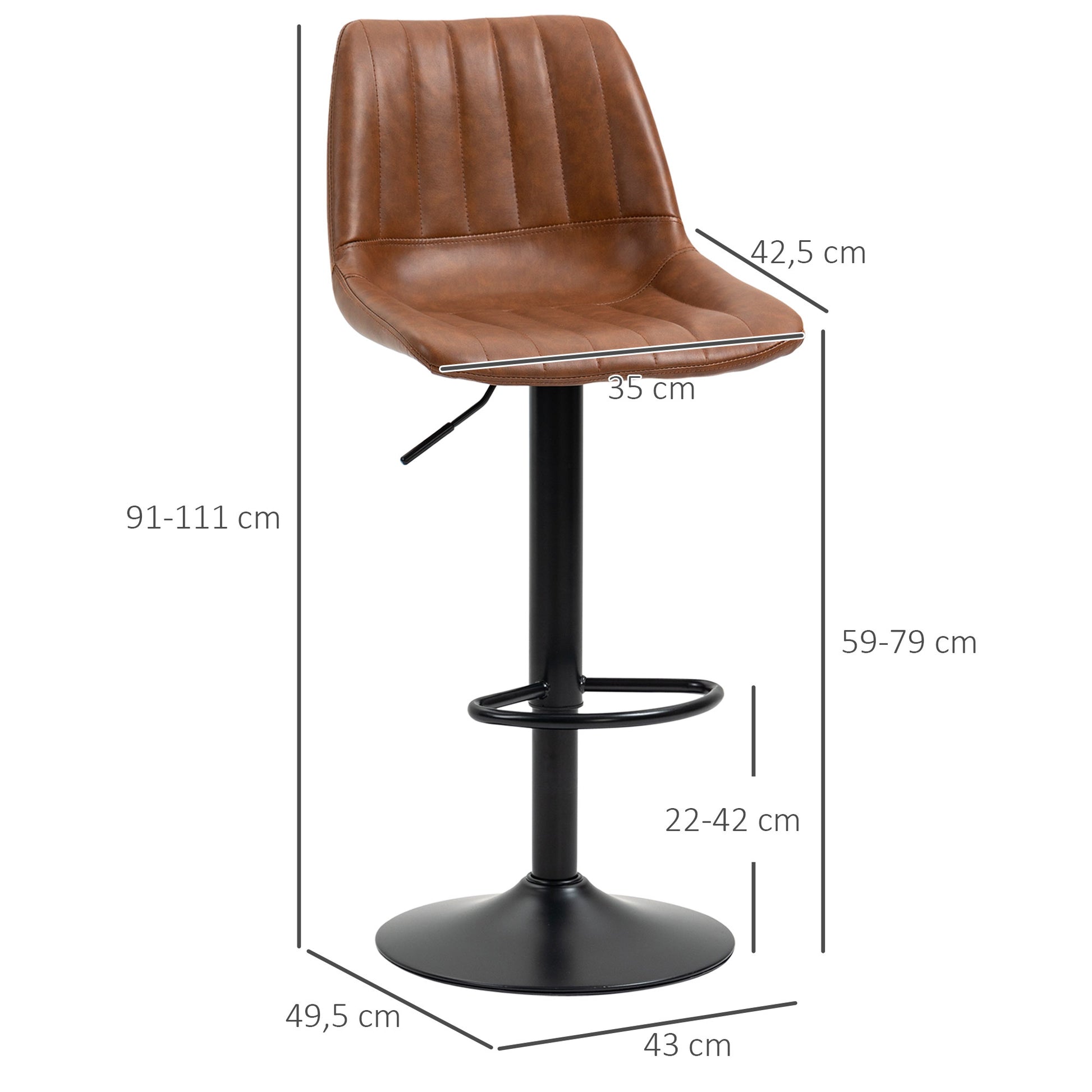 Bar Stool Set of 2, 360° Swivel Padded Bar Chair with Footrest, Backrest, Height Adjustable Faux Leather Counter Stool for Kitchen, Living Room, Dining Room Brown