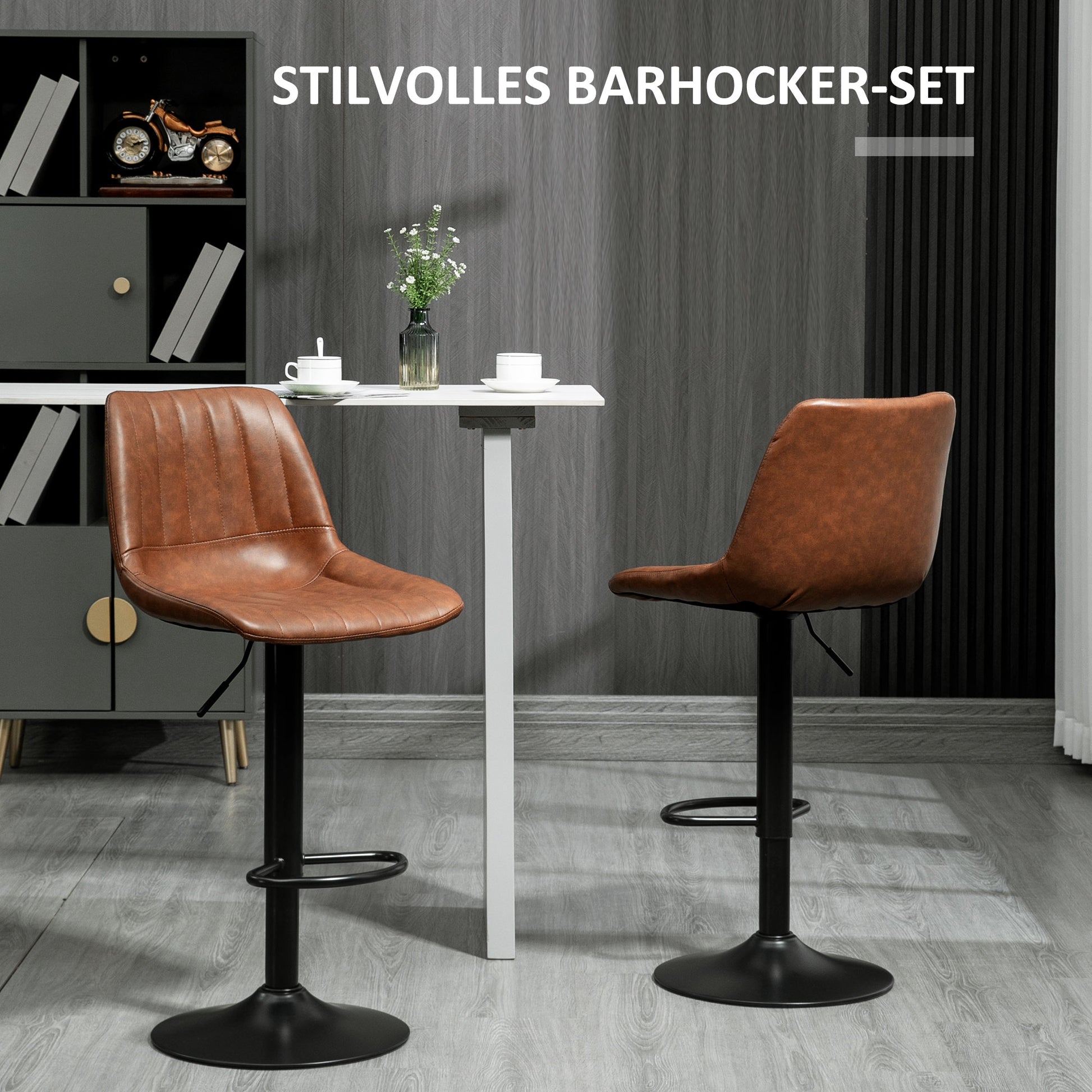 Bar Stool Set of 2, 360° Swivel Padded Bar Chair with Footrest, Backrest, Height Adjustable Faux Leather Counter Stool for Kitchen, Living Room, Dining Room Brown