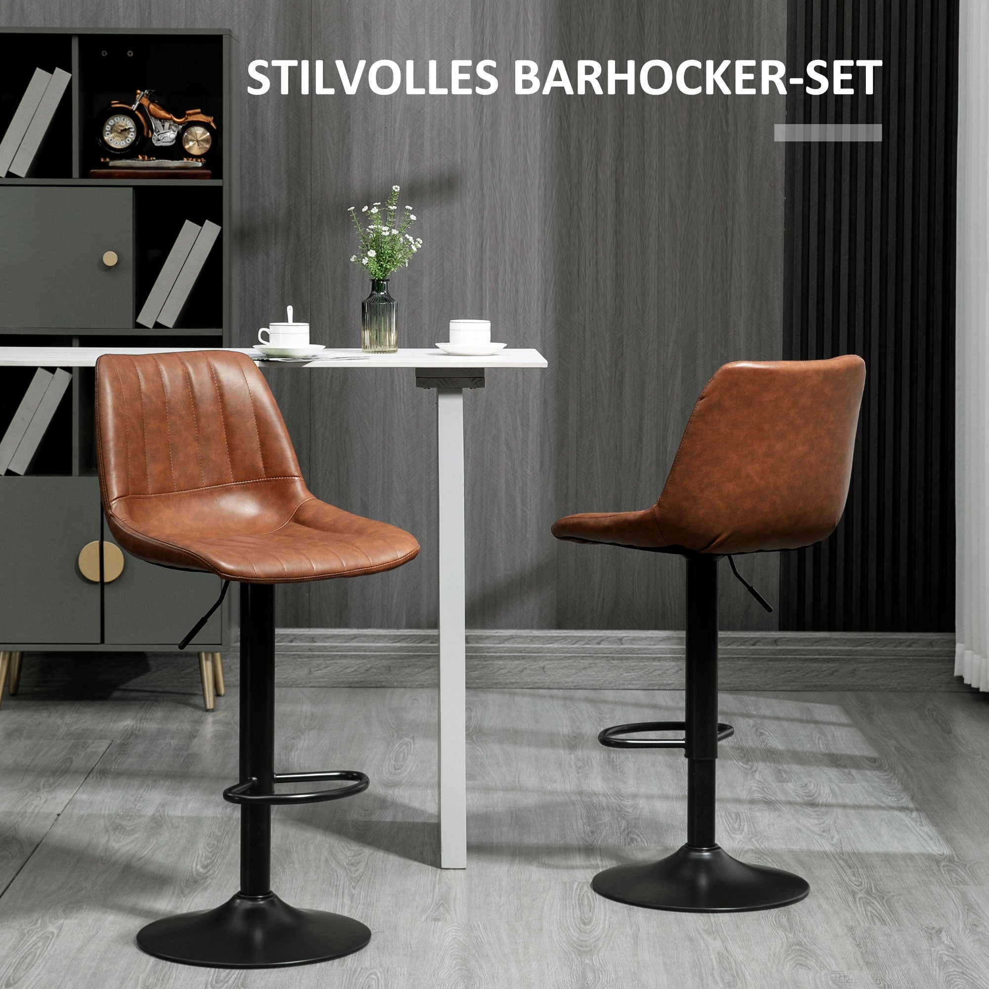 Bar Stool Set of 2, 360° Swivel Padded Bar Chair with Footrest, Backrest, Height Adjustable Faux Leather Counter Stool for Kitchen, Living Room, Dining Room Brown